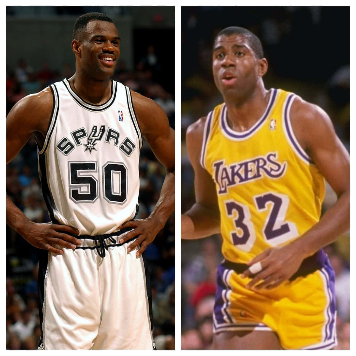 兩名NBA籃球運動員穿著比賽服站在球場上。 — NBA 壁紙
