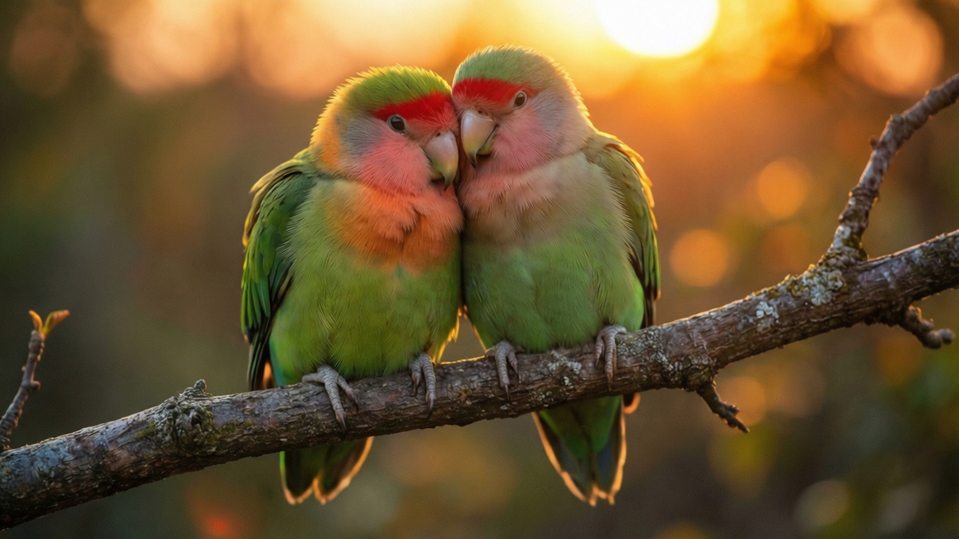 Sunset Love Birds 壁紙 — 兩隻綠色羽毛、紅色額頭的愛情鳥在長滿苔蘚的樹枝上互相依偎，背景是金色的日落。