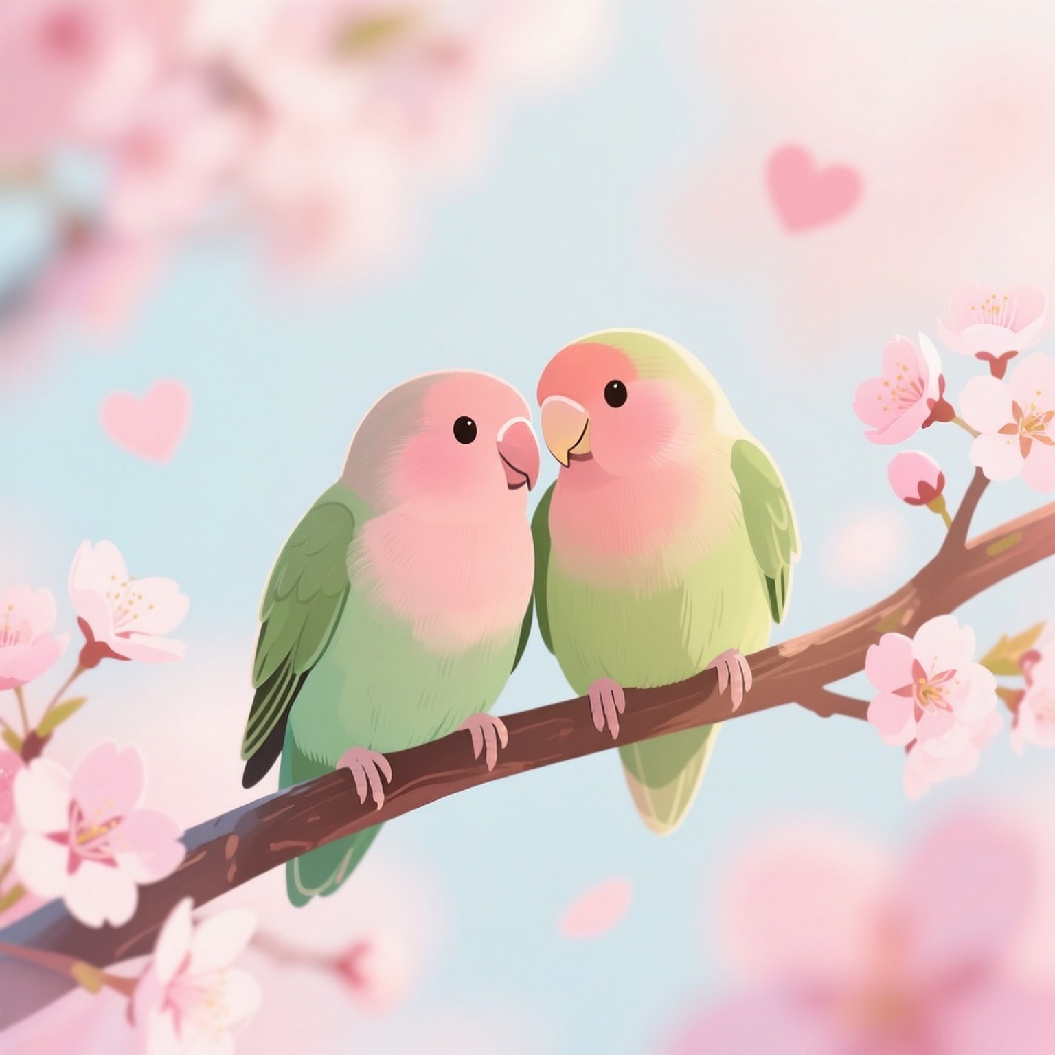 Lovebirds in Bloom 壁紙 — 兩隻粉紅臉頰的愛情鳥溫柔地棲息在櫻花枝上，背景是柔和粉彩的天空，漂浮著心形。