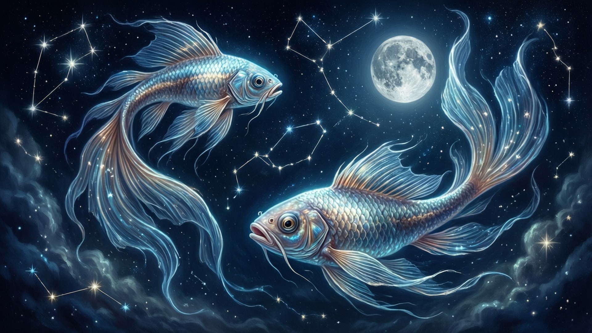 Starry Night Pisces 壁紙 — 兩條發光的天體魚在滿月和閃爍的星座下，於繁星點點的夜空中優雅地游動。