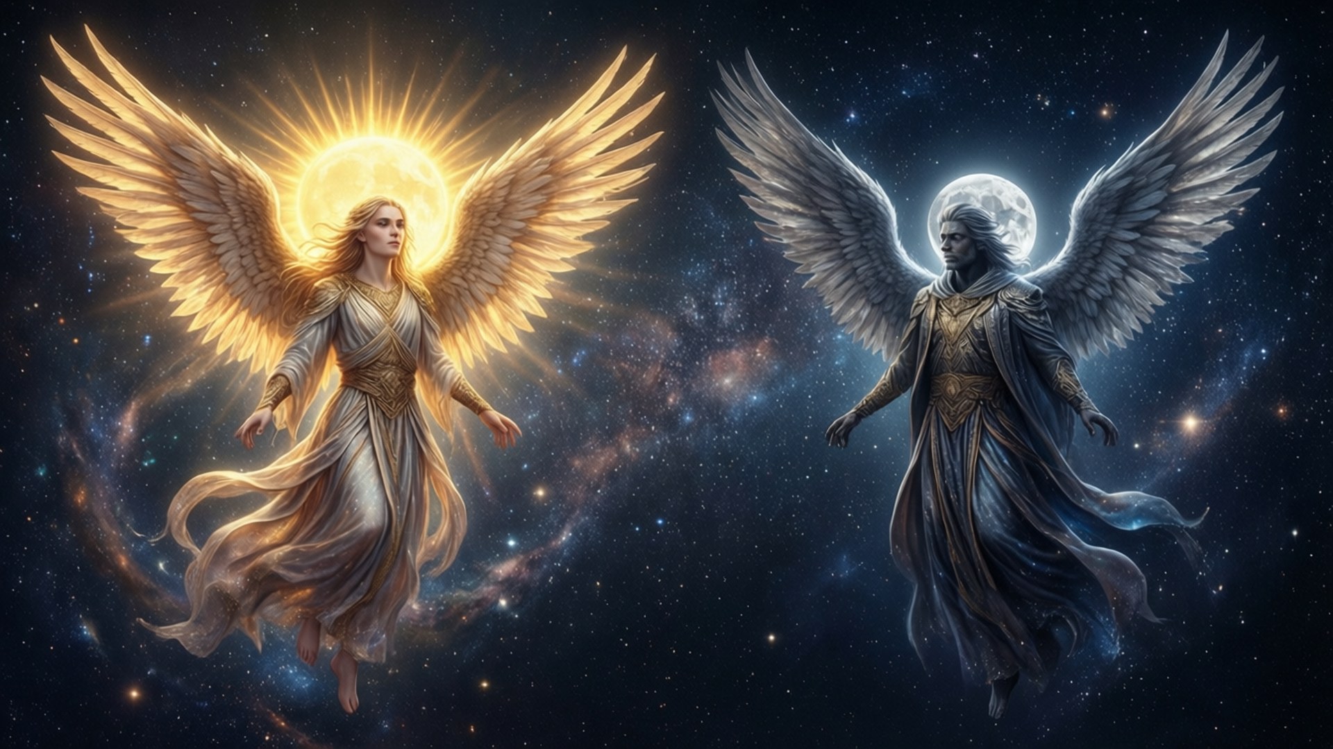 Sun and Moon Angels 壁紙 — 兩位莊嚴的天使展開寬闊的翅膀，漂浮在繁星點點的宇宙中，一位散發著金色太陽光環，另一位帶著銀色月亮光環，寧靜祥和。
