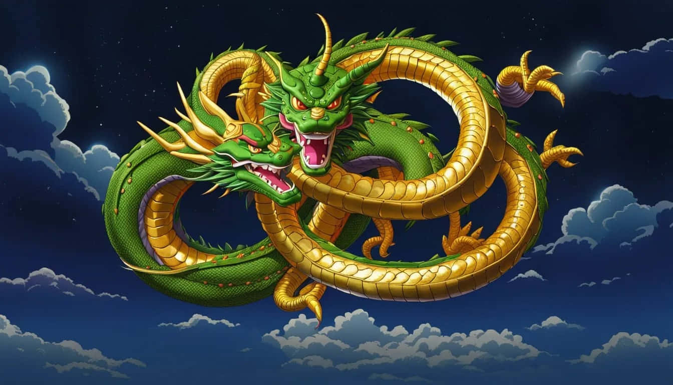  壁紙 — 兩條雄偉的綠色和金色巨龍在繁星點點的夜空和蓬鬆的雲彩中動態盤旋。