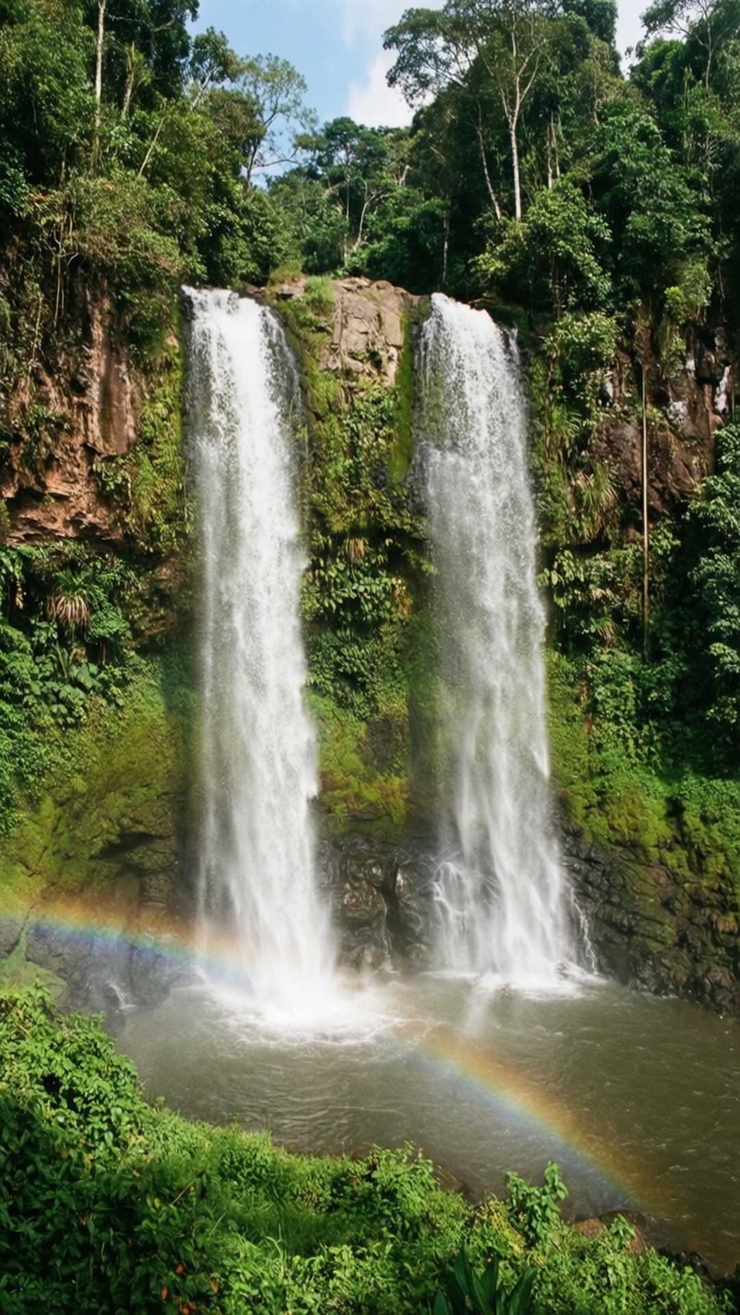Boti Falls Rainbow 壁紙 — 兩道雄偉的瀑布從長滿苔蘚的懸崖傾瀉而下，流入下方的水池，在霧氣瀰漫的前景中形成一道鮮豔的彩虹。