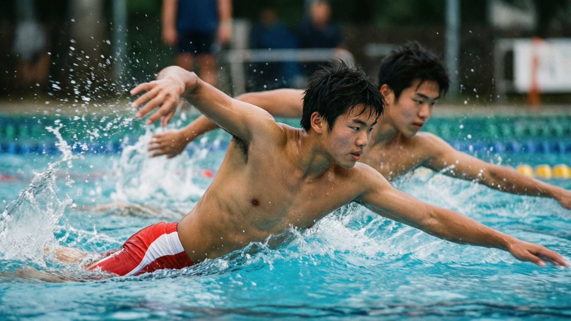 Relay Action 壁紙 — 兩名男性泳手在競賽中奮力划過碧綠色的水，濺起的水滴定格在運動中。