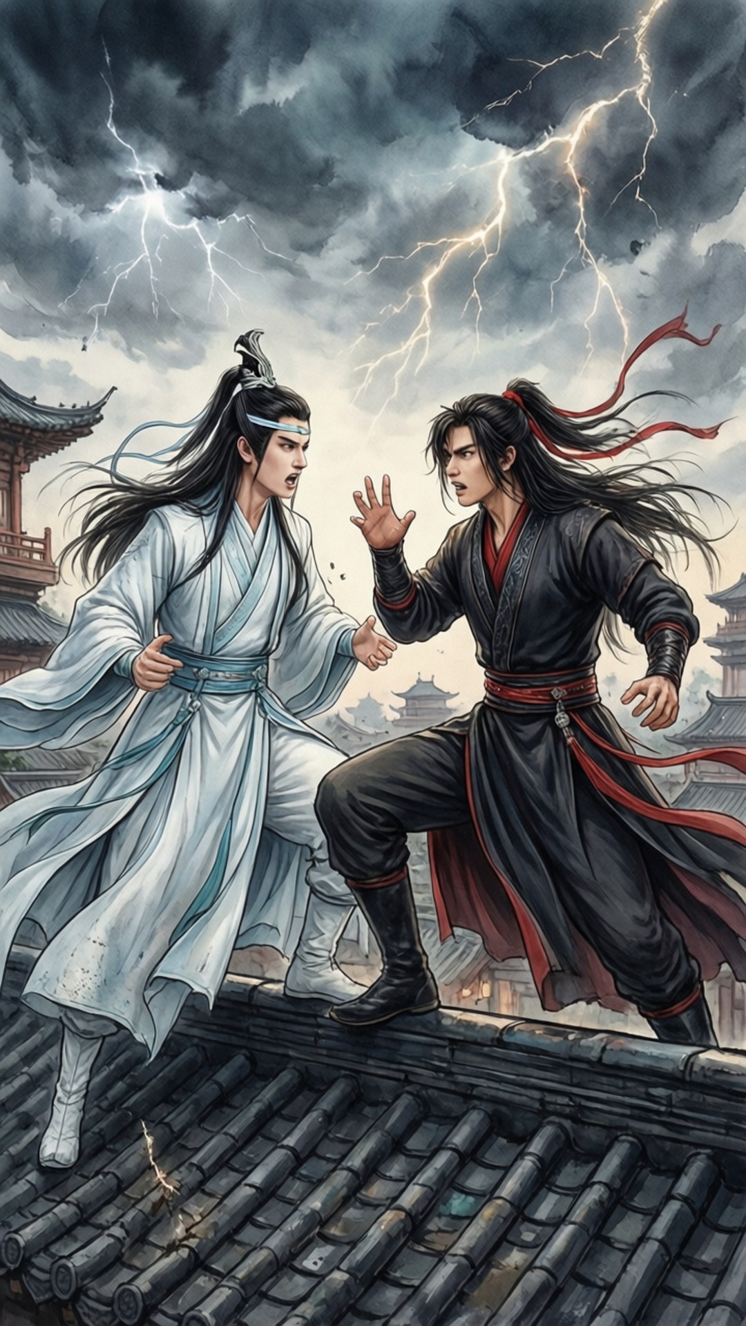 Sibling Rivalry 壁紙 — 兩位武術家在瓦片屋頂上對決，暴風雨的天空下，閃電照亮了他們激烈的表情。