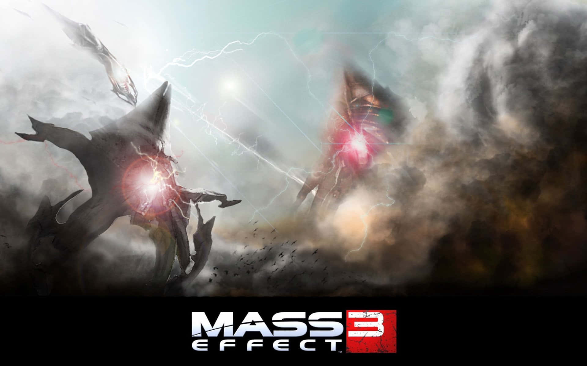 Mass Effect Multiplayer 桌布 壁紙 — 兩艘巨大的外星戰艦在雷電交加、風暴肆虐的天空中碰撞，並帶有發光的能量武器。