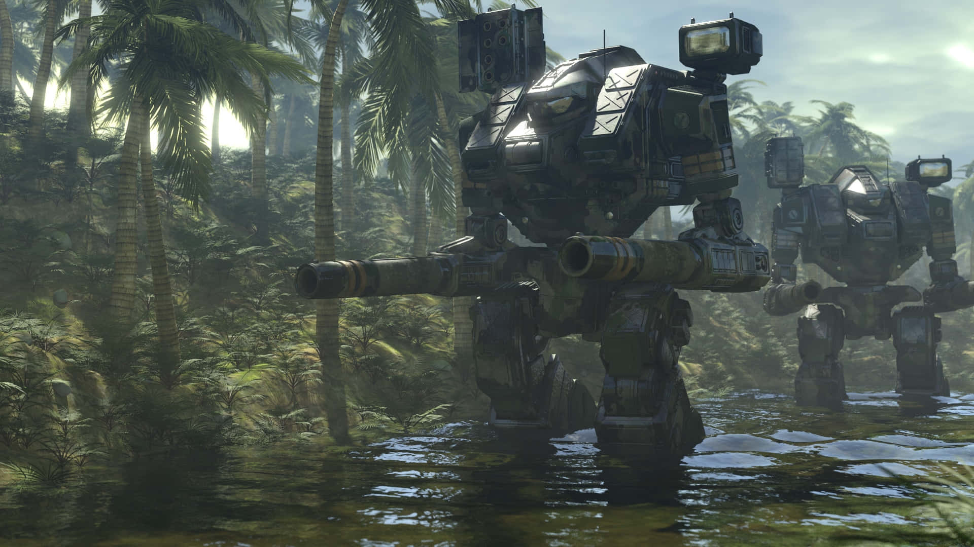 Battletech 桌布 壁紙 — 兩部巨大的裝甲機甲在茂密的熱帶叢林中涉水而過，周圍有棕櫚樹。