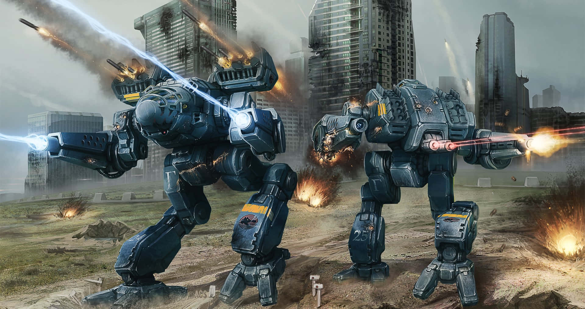 Battletech 桌布 壁紙 — 兩部巨大的藍色戰爭機器在廢墟城市景觀中，於爆炸和煙霧中發射能量武器。