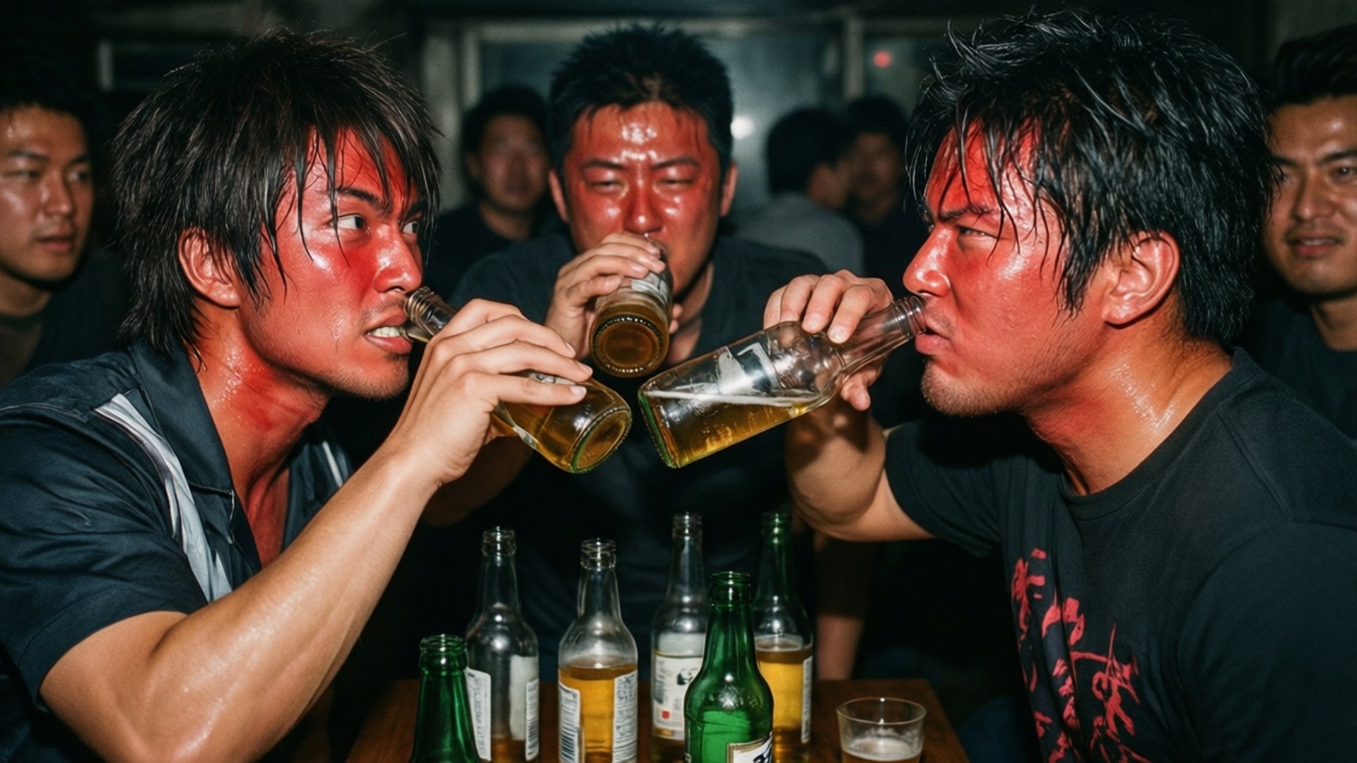 碧蓝之海 桌布 壁紙 — 兩個臉紅的男人在燈光昏暗的酒吧裡與其他顧客一起碰啤酒瓶。