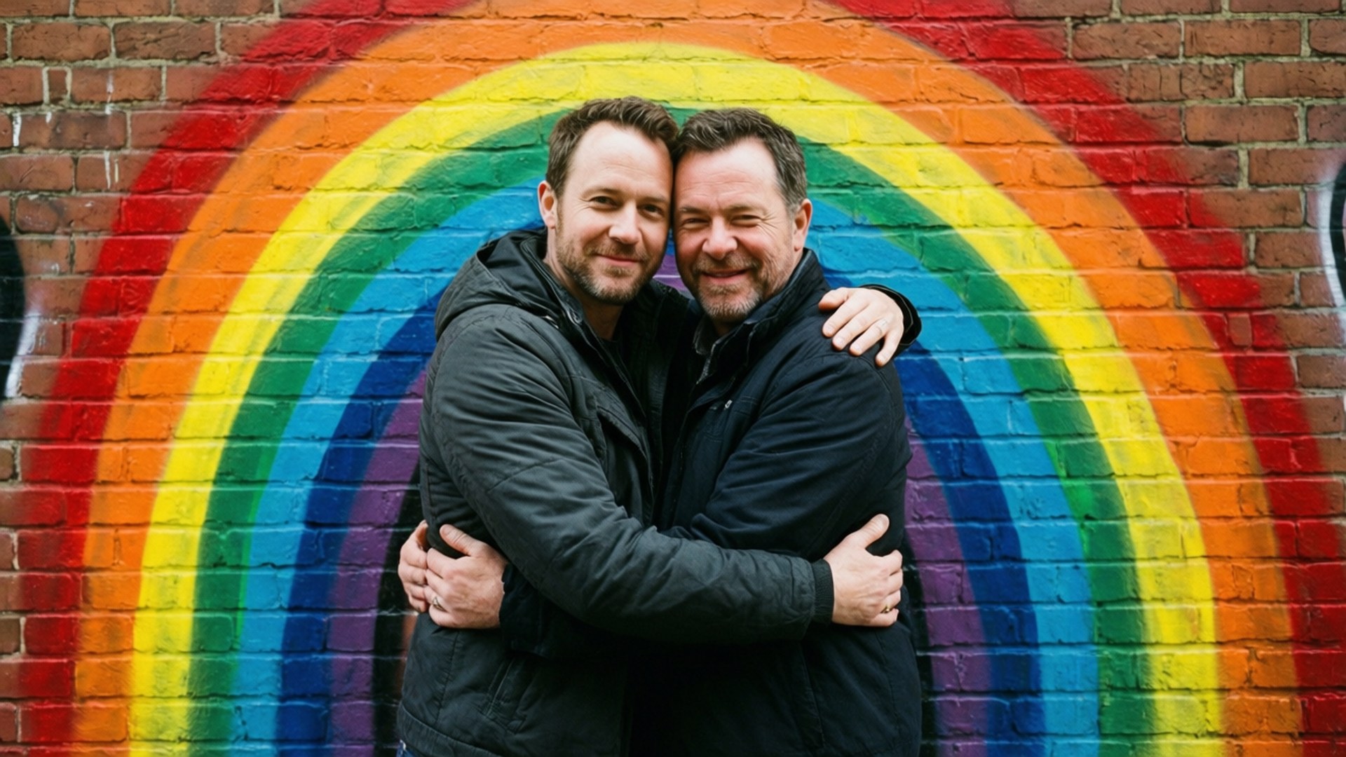 Mural Hug 壁紙 — 兩個男人在磚牆上繪有鮮豔彩虹前溫暖擁抱。