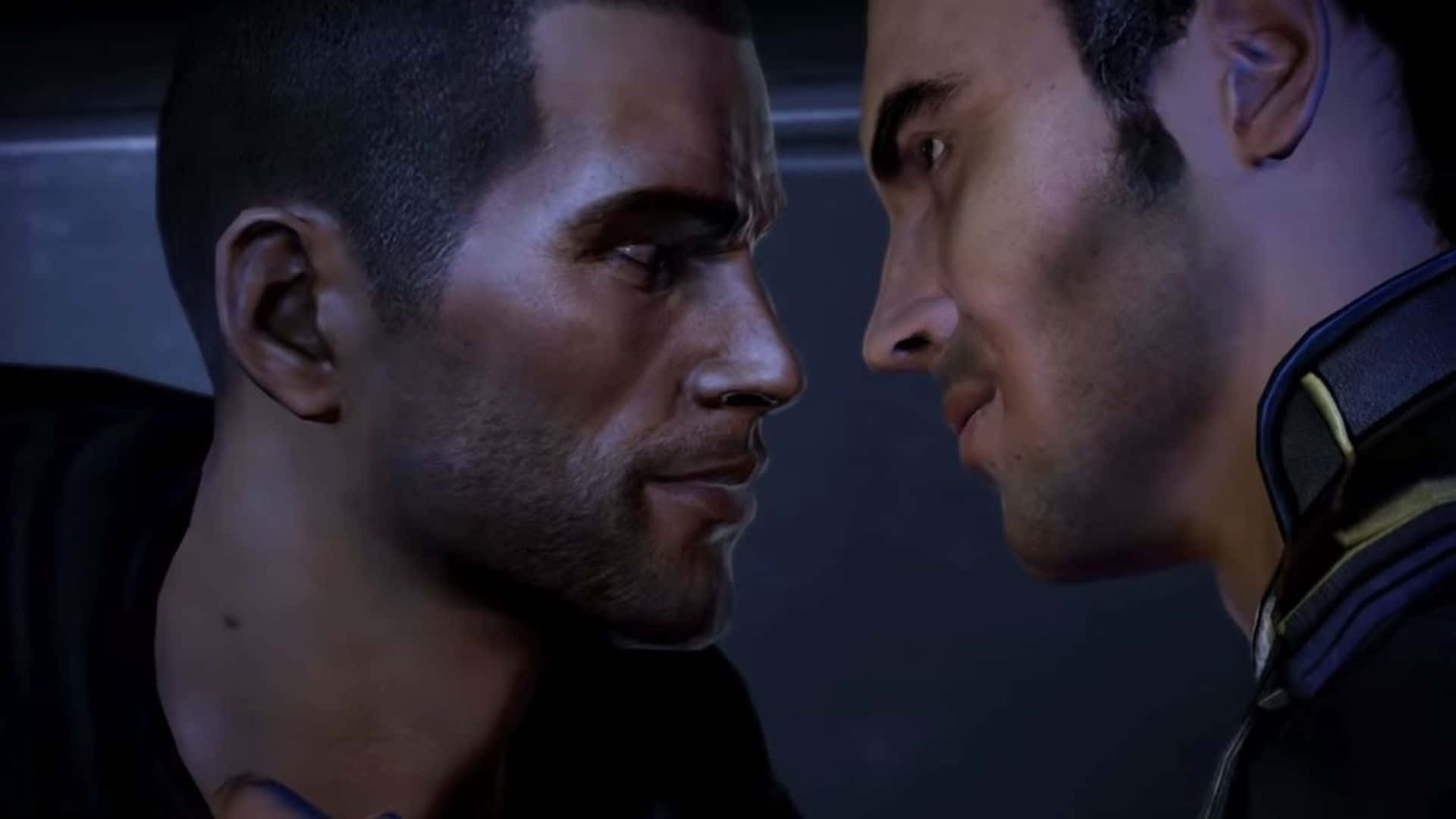 Kaidan Alenko 桌布 壁紙 — 兩個男人在昏暗的藍色燈光下，表情嚴肅地緊張對峙。