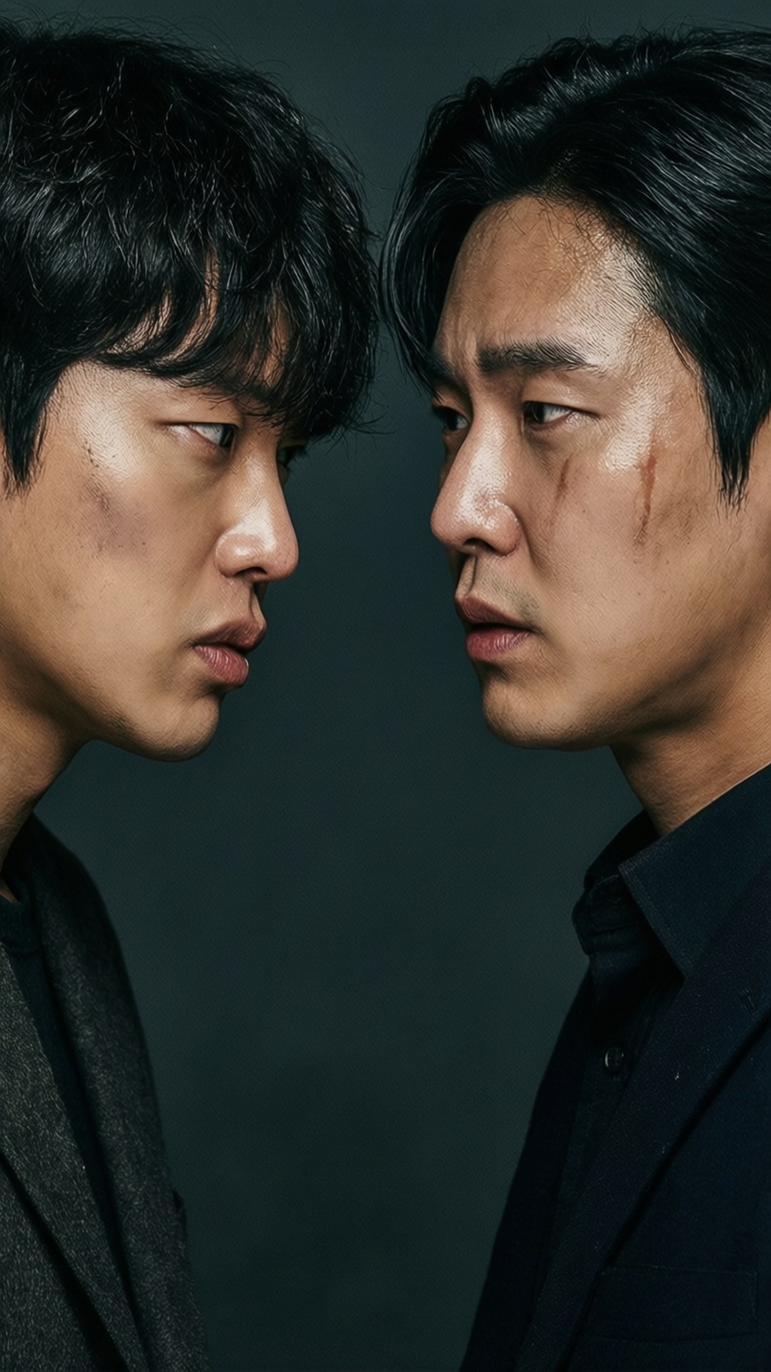 Tense Standoff 壁紙 — 兩個男人在緊張的對峙中面對面，其中一個臉頰上有明顯的傷口，背景為深灰色。
