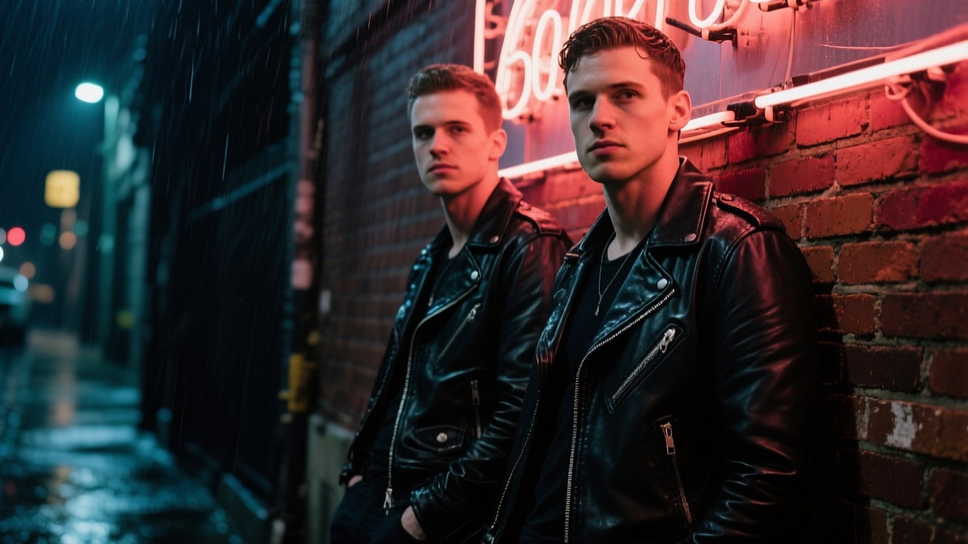 Neon Alley Twins 壁紙 — 兩個穿著黑色皮夾克的男人在雨夜的後巷中，靠著磚牆，在紅色霓虹燈下。