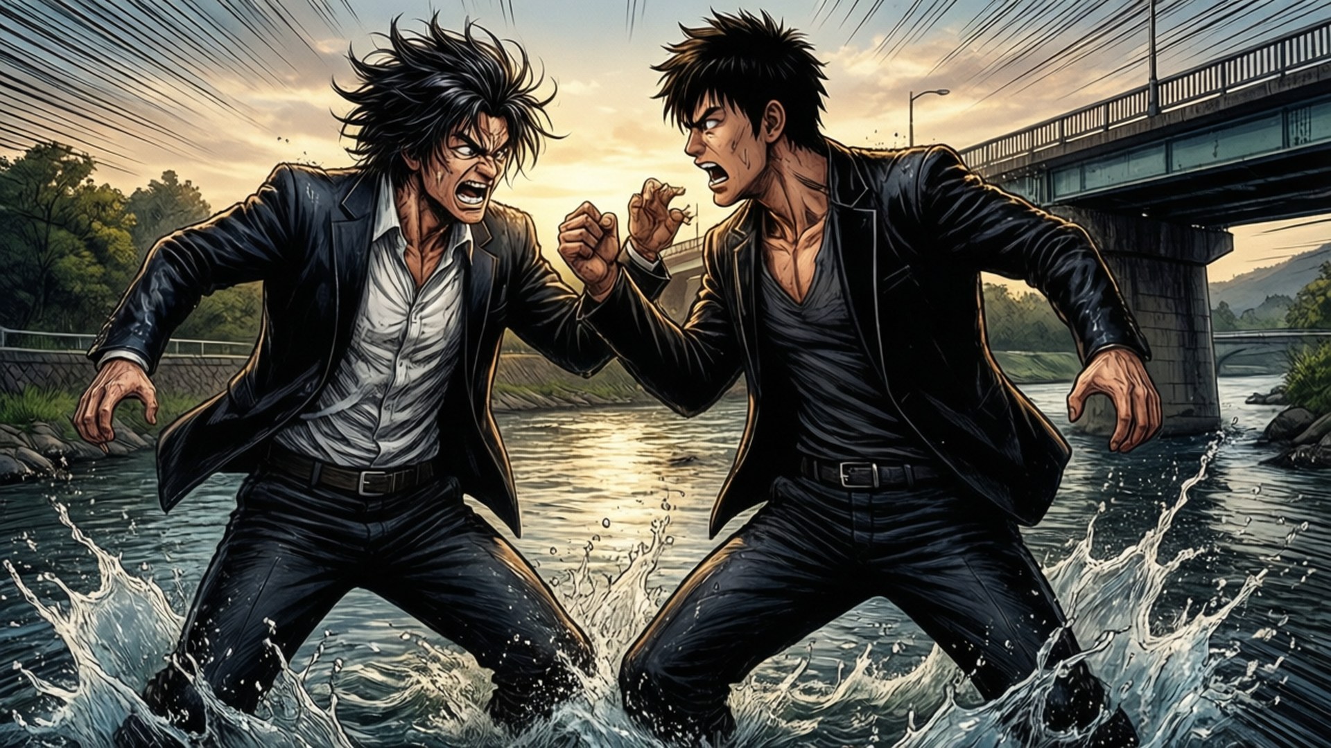 Bridge Argument 壁紙 — 兩名身穿黑色西裝的男子在橋下的河流中打鬥，夕陽下，水花在他們腳邊飛濺。