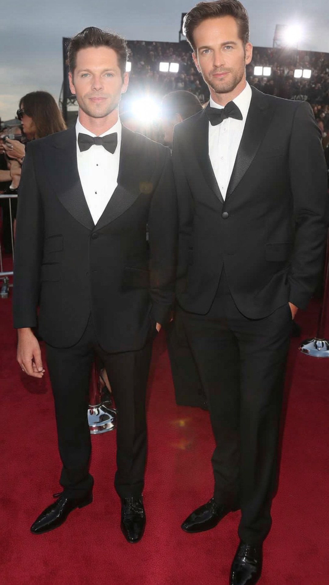 Red Carpet Elegance 壁紙 — 兩名身穿黑色禮服配蝴蝶結的男子自信地站在紅地毯上，在明亮的活動燈光下。