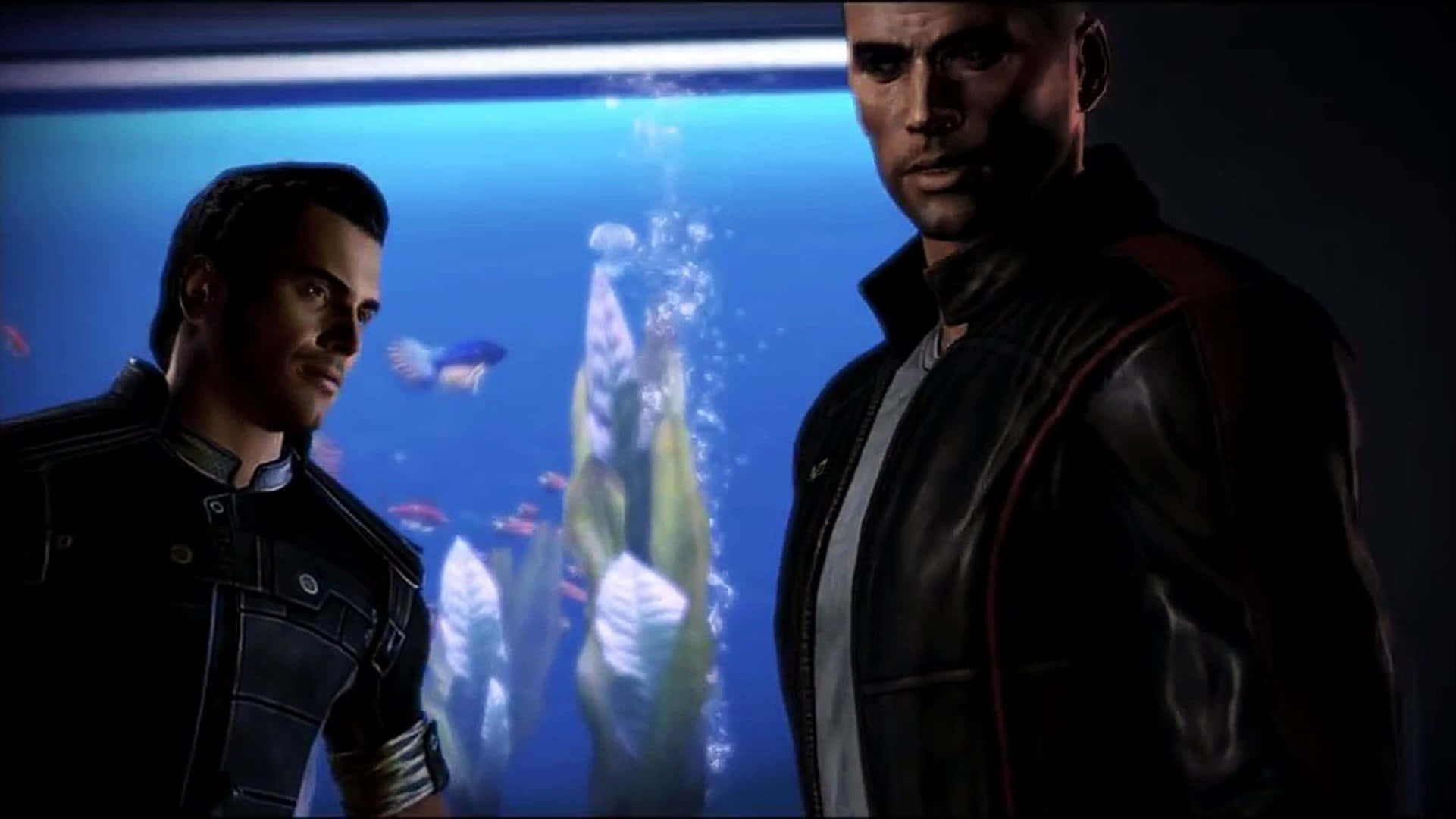 Kaidan Alenko 桌布 壁紙 — 兩個穿著深色夾克的男人站在一個發光的藍色水族箱前，裡面充滿了魚和氣泡，彼此面對面。