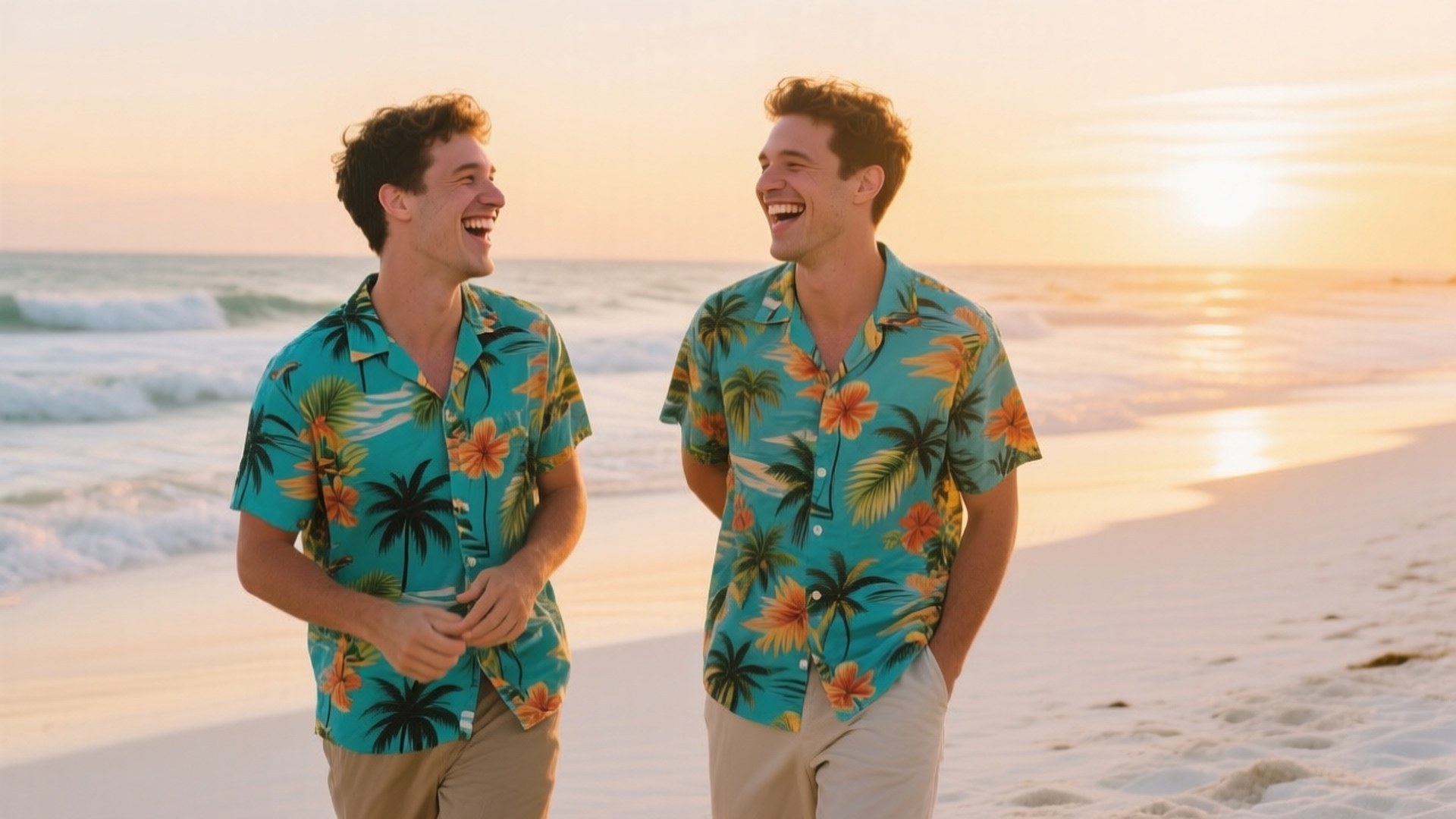 Beach Sunset Laughs 壁紙 — 兩名穿著相同熱帶襯衫的男子在沙灘上歡笑，夕陽在海面上落下。