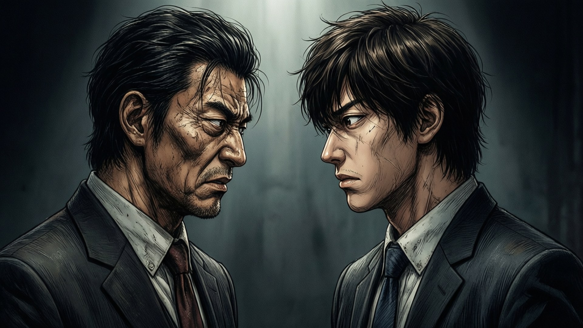 Villain Face-off 壁紙 — 兩個身穿西裝的男人在燈光昏暗的房間裡對峙，表情緊張，傷痕可見。