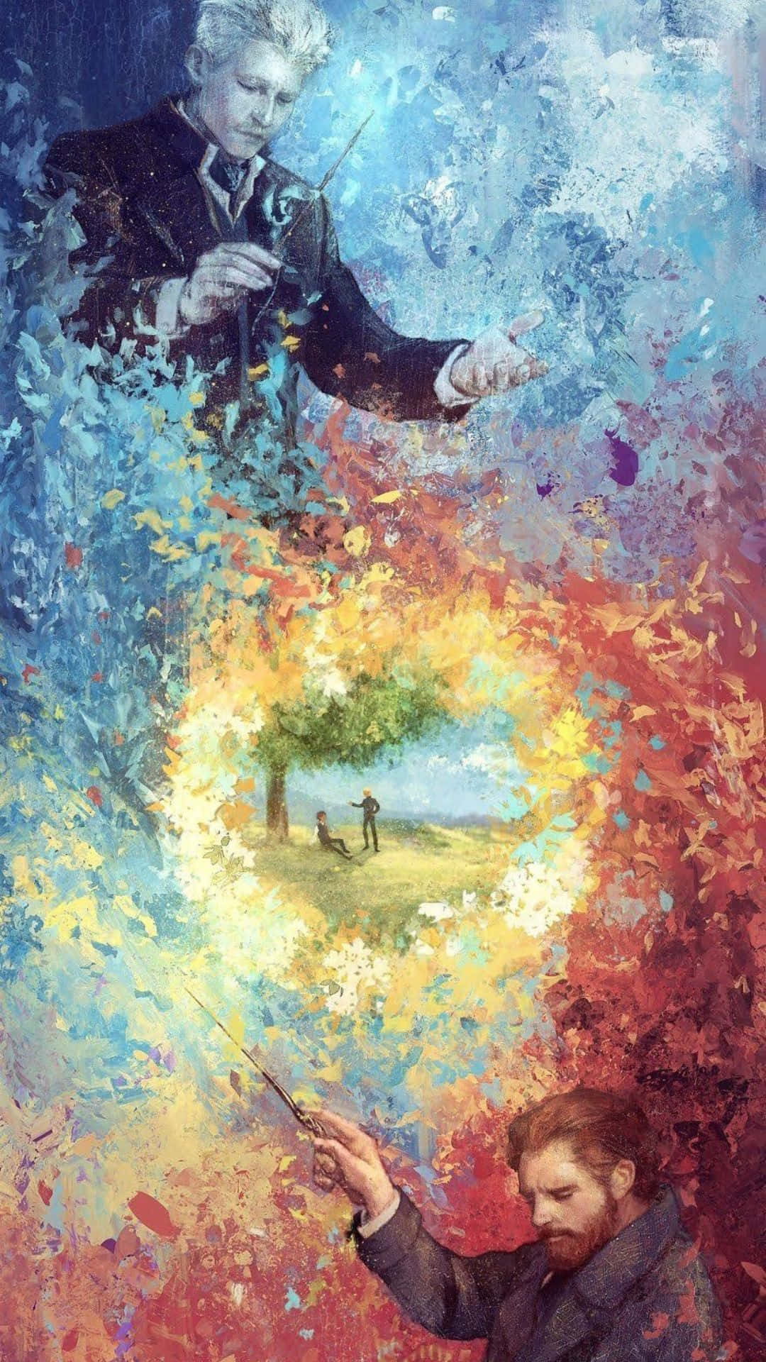  壁紙 — 兩名身穿西裝的男子揮動魔杖，創造出一個旋轉的傳送門，顯露出樹下兩人的寧靜田園景色。