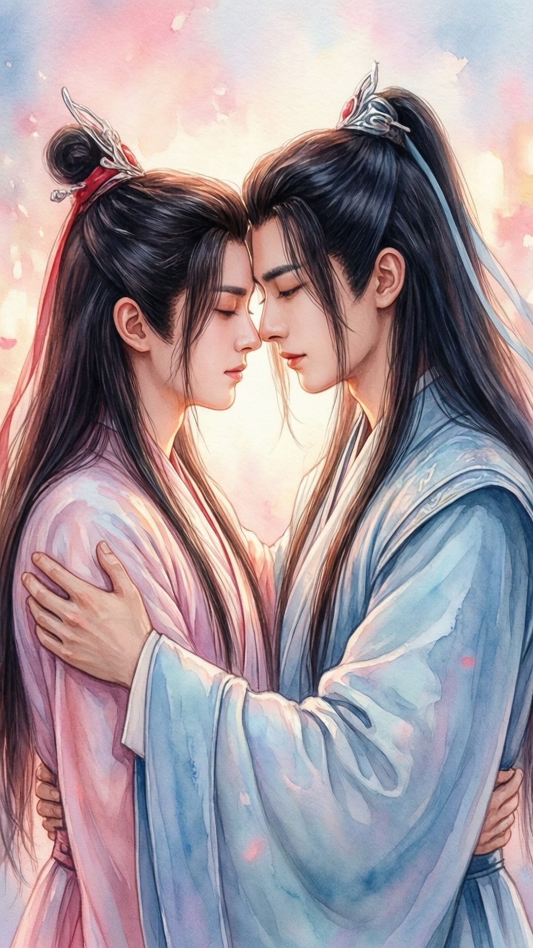 Eternal Love 壁紙 — 兩個身穿飄逸傳統長袍的男人在柔和的粉紅和藍色天空下，伴隨著飄落的花瓣溫柔擁抱。