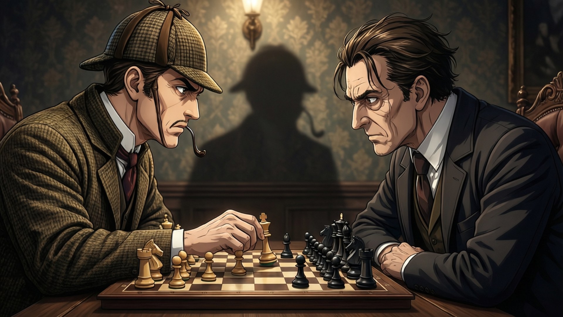 Chess Duel 壁紙 — 兩名穿著復古服裝的男子在溫暖的燈光下激烈地下棋，陰影輪廓投射在他們身後的有圖案壁紙上。