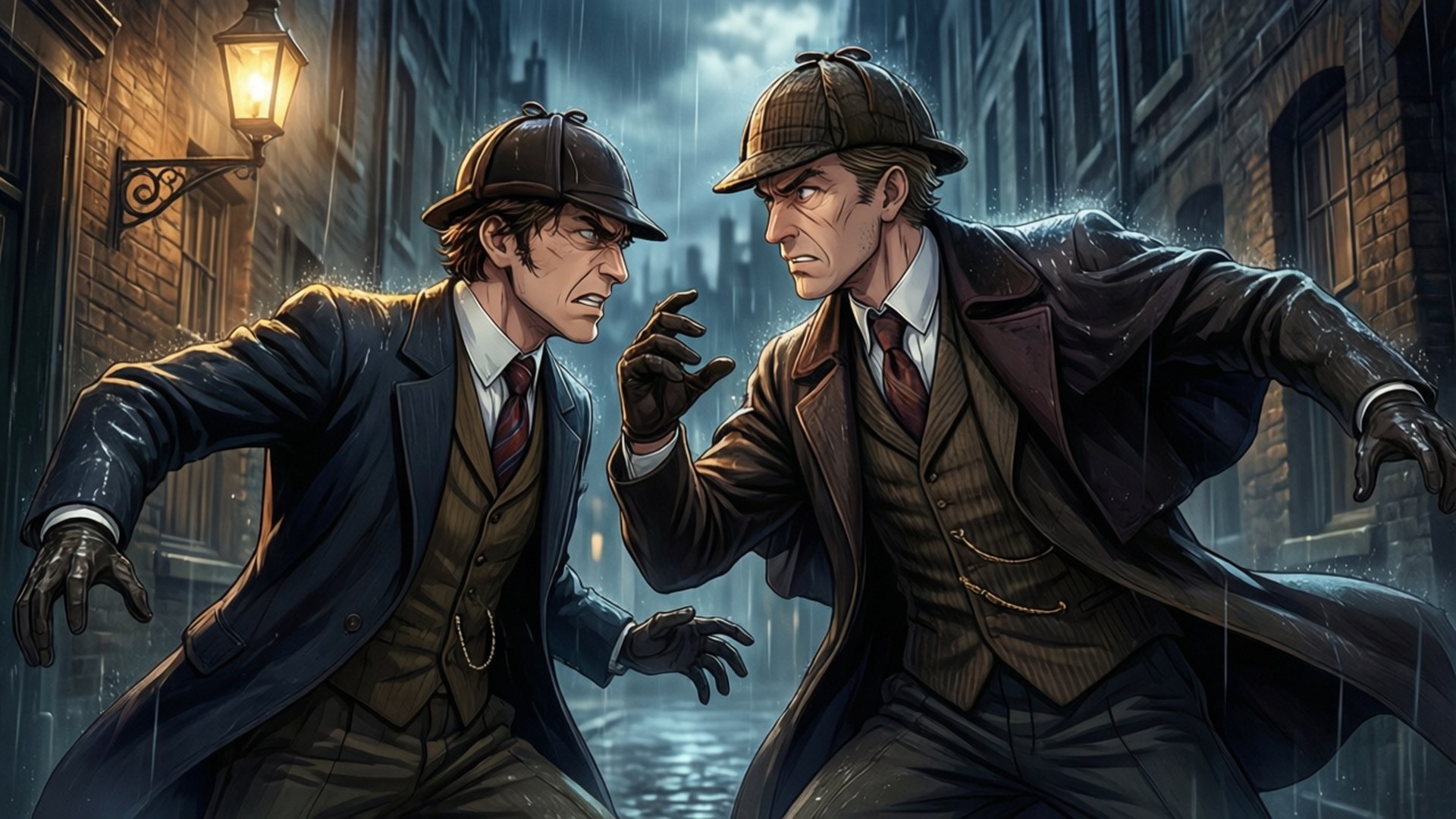 Alley Confrontation 壁紙 — 兩名身穿復古偵探裝束的男子在雨淋濕的小巷中對峙，小巷由一盞發光的街燈照亮。