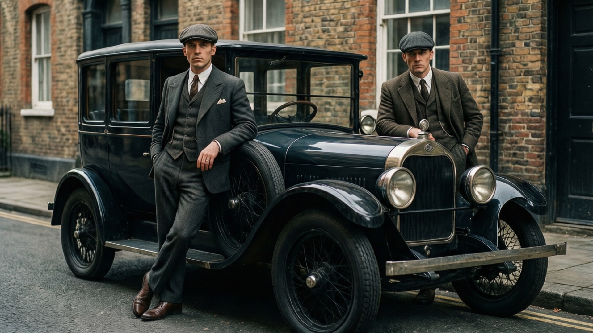 Peaky Blinders with Vintage Car 壁紙 — 兩名身穿復古西裝的男子靠在一輛停在磚造建築街道上的經典黑色1920年代汽車旁。