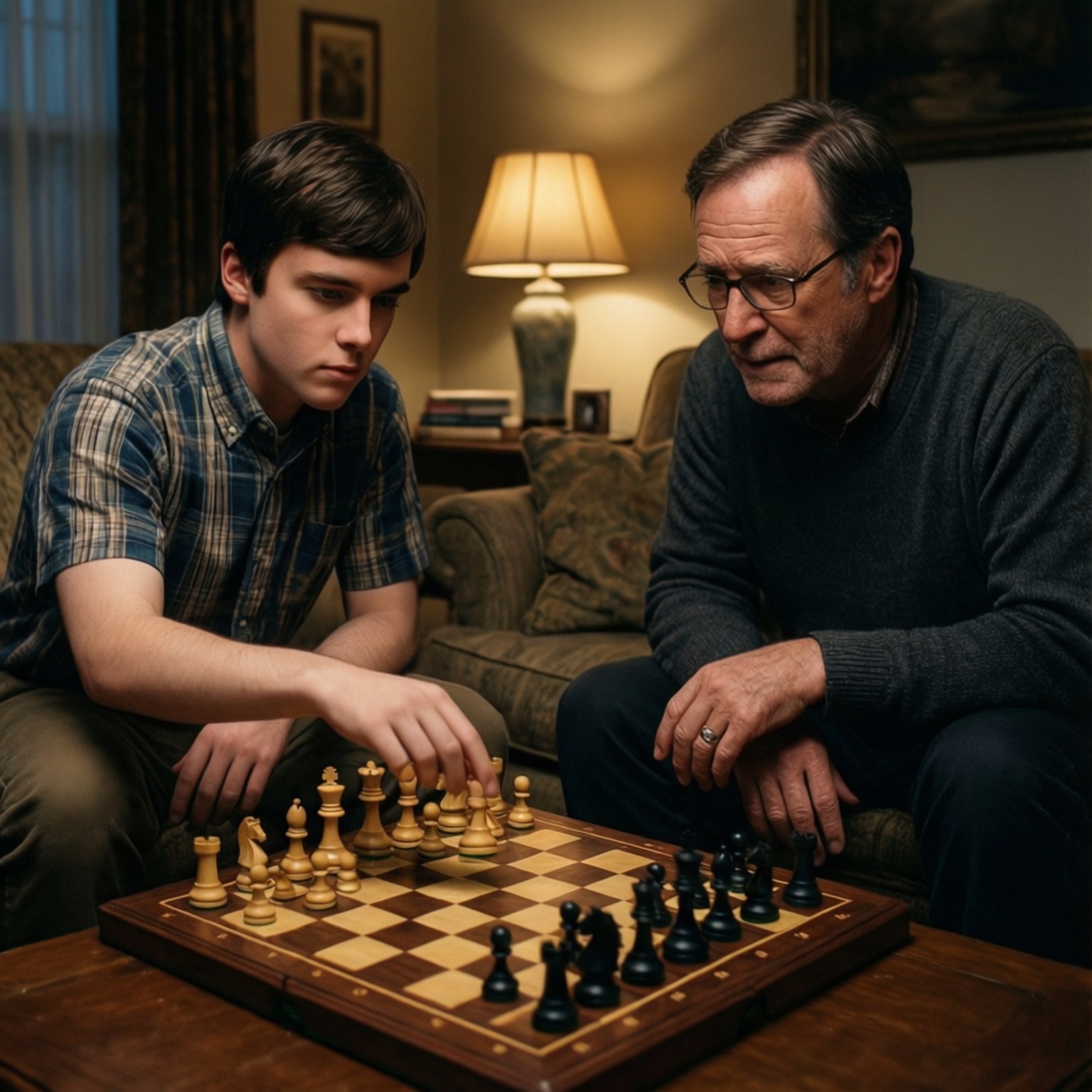 Young Sheldon 桌布 壁紙 — 兩名男子在溫暖照明的客廳中，專注於一盤棋局，旁邊有燈和牆上掛著的裱框藝術品。