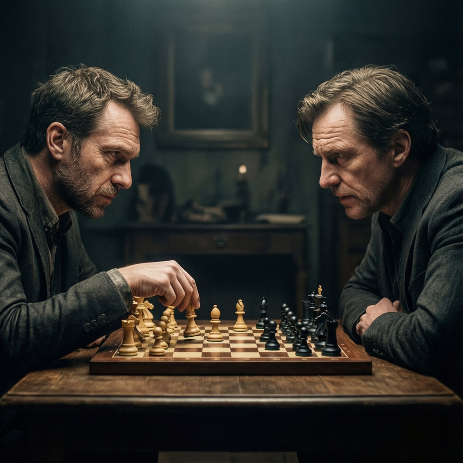 Chess Rivals 壁紙 — 兩個男人在昏暗的房間裡專注地下棋，其中一個在木製棋盤上移動兵。