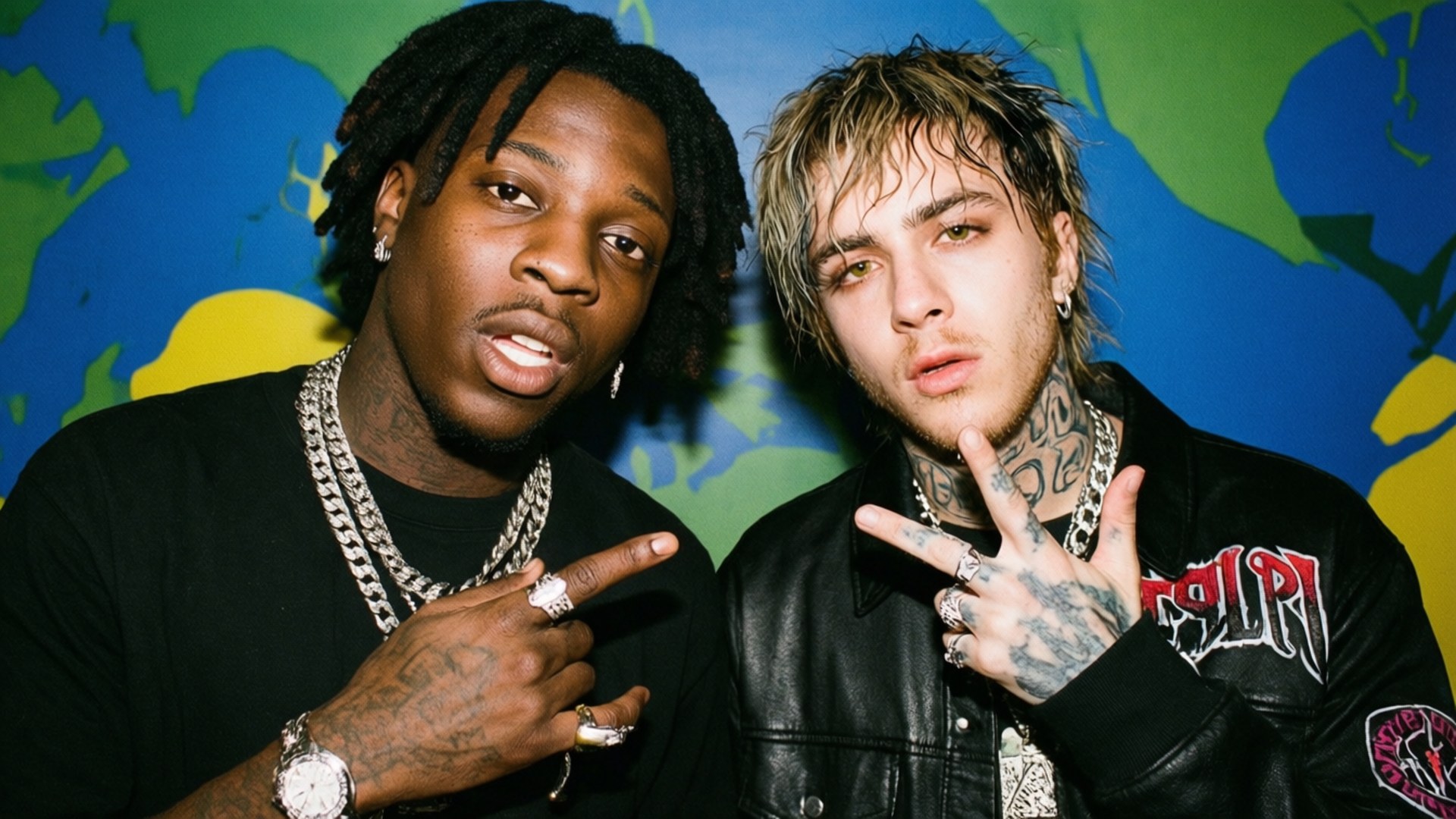 Carti And Uzi 壁紙 — 兩個男人自信地擺姿勢，背景是色彩繽紛的世界地圖，一個穿黑色襯衫戴鏈條，另一個穿皮夾克有刺青和戒指。