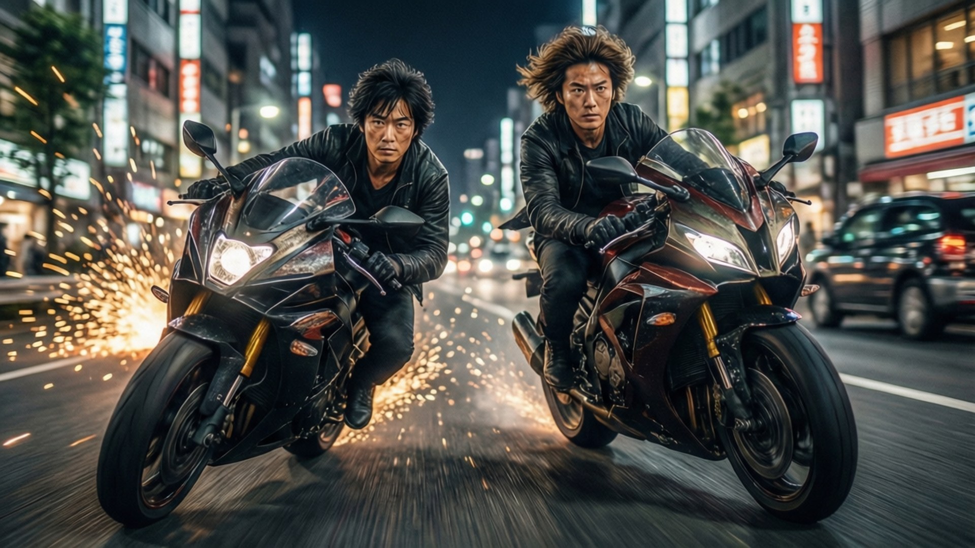 Bike Chase 壁紙 — 兩名男子在夜晚霓虹燈照亮的城市街道上賽車，左邊的摩托車飛出火花。