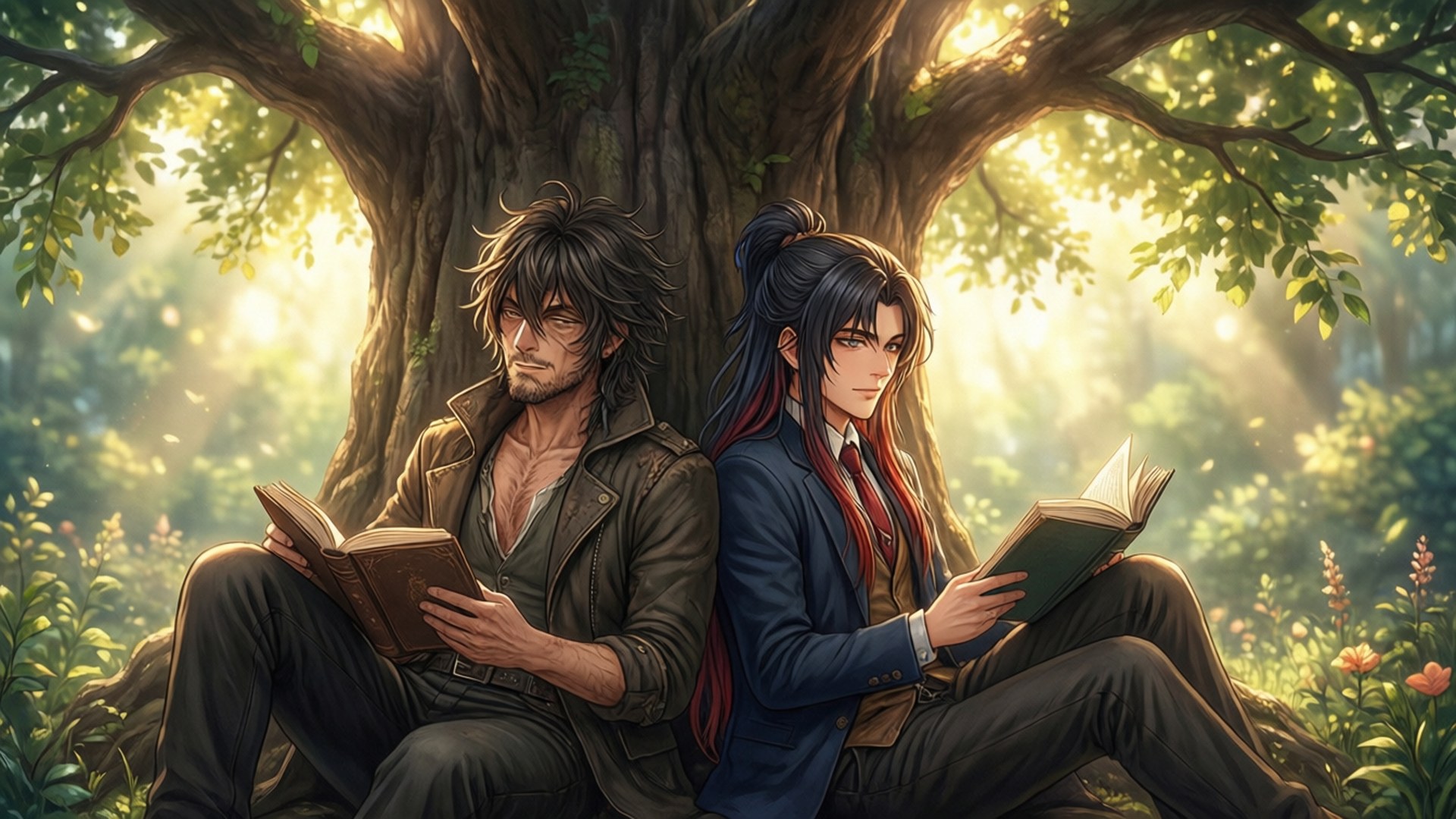 Reading Together 壁紙 — 兩個男人背對背坐在一棵大樹下看書，金色的陽光穿過樹葉灑落下來。