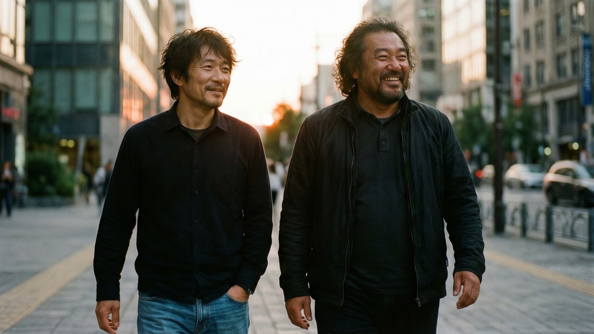 Brothers in Arms 壁紙 — 兩個男人並肩走在城市街道上，正值黃金時刻，溫暖的陽光在他們身後投下長長的影子。