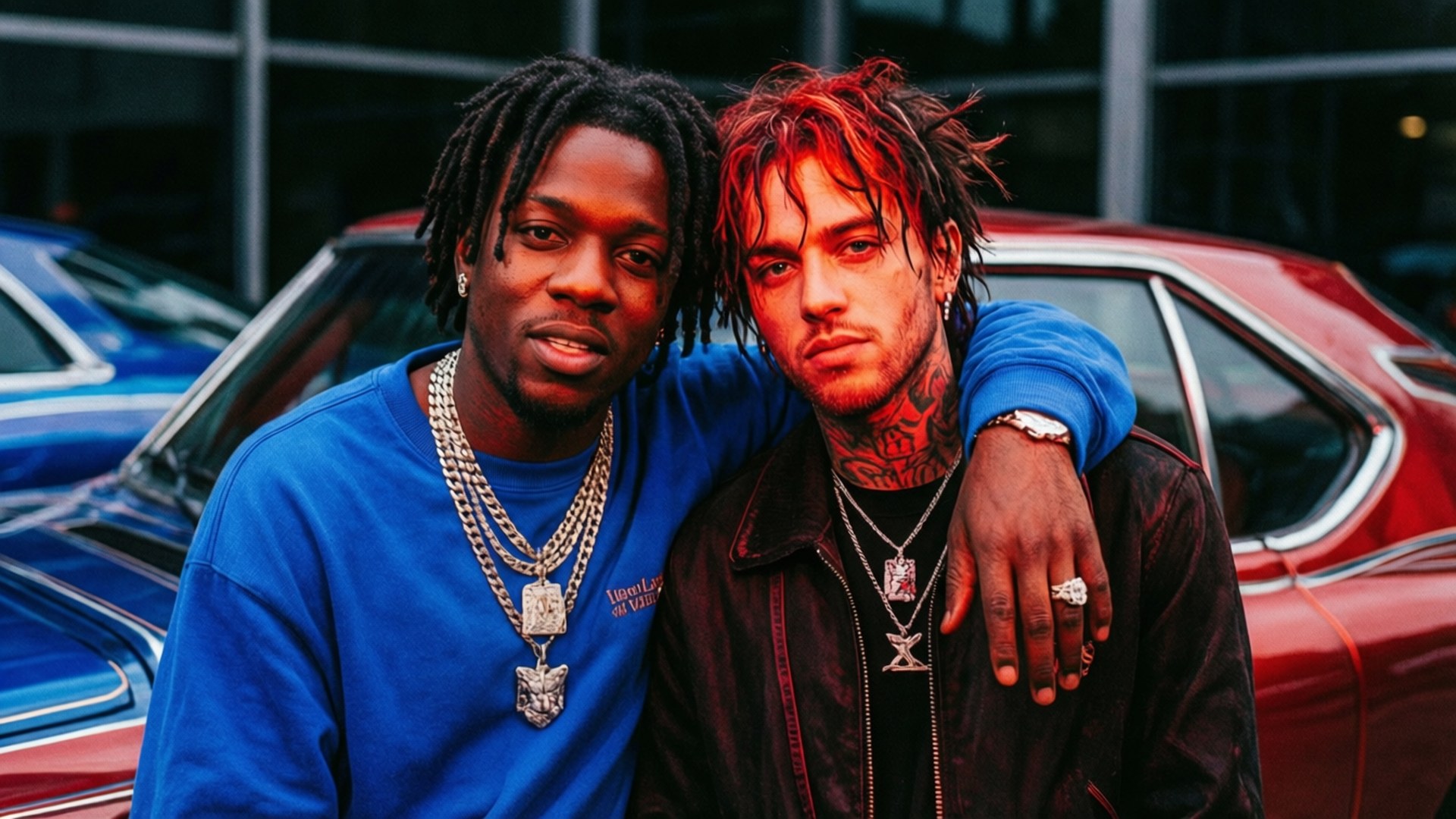 Duo with Lil Uzi Vert 壁紙 — 兩名有刺青和戴鏈條的男子自信地在一輛紅色經典汽車旁擺姿勢，身後有一輛藍色汽車。