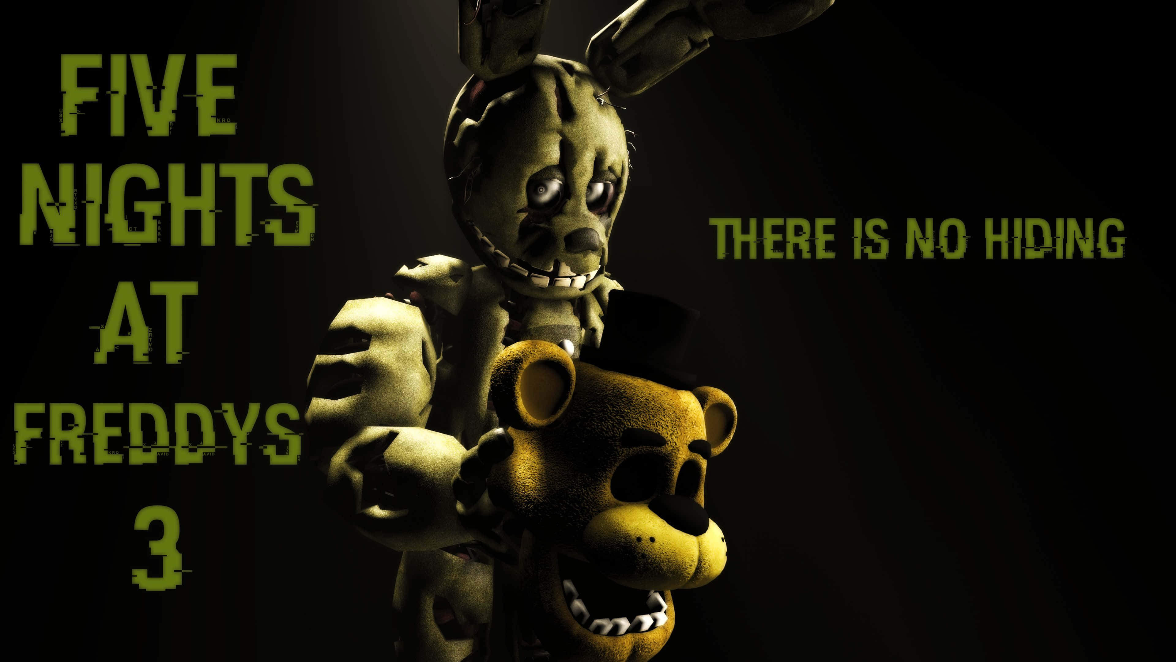 Springtrap 桌布 壁紙 — Five Nights at Freddy's 3 中的兩個威脅性機械角色在昏暗的綠光中若隱若現，伴隨著詭異的文字宣稱無處可藏。
