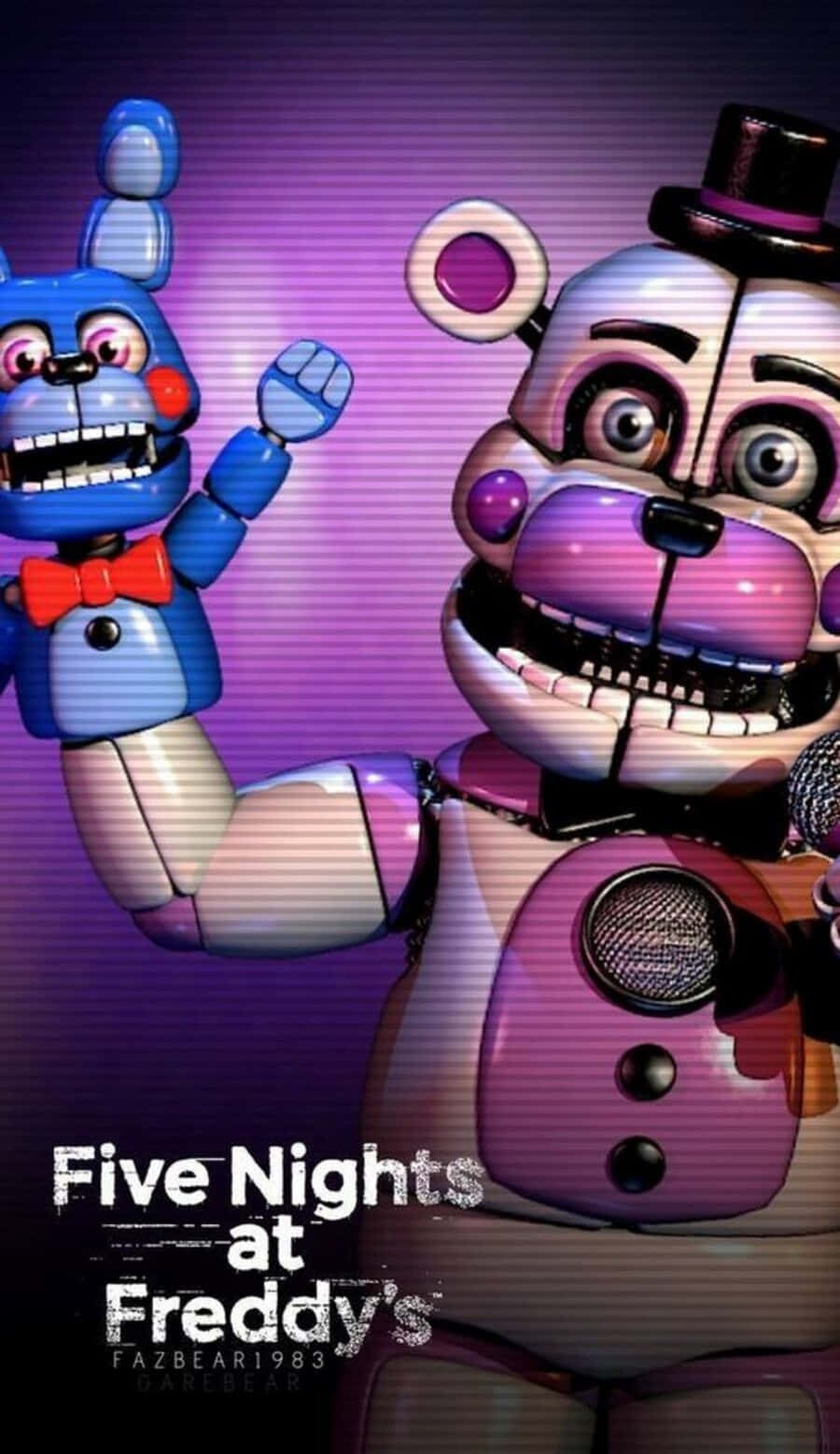 Funtime Freddy 桌布 壁紙 — Five Nights at Freddy's 中兩個威脅性的機械動畫角色在紫色漸變背景前擺姿勢。