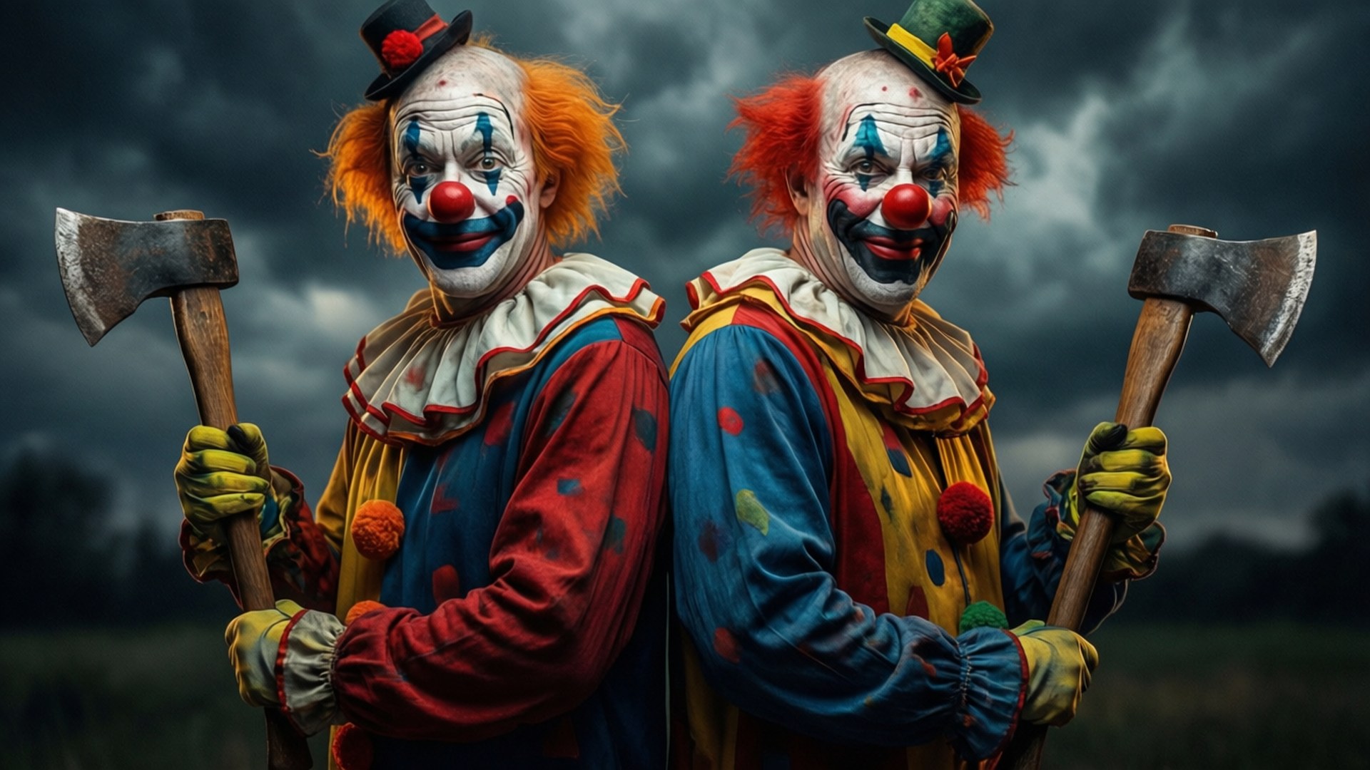 ICP 桌布 壁紙 — 兩個紅髮、臉上塗著顏料的兇惡小丑在暴風雨的天空下拿著斧頭。
