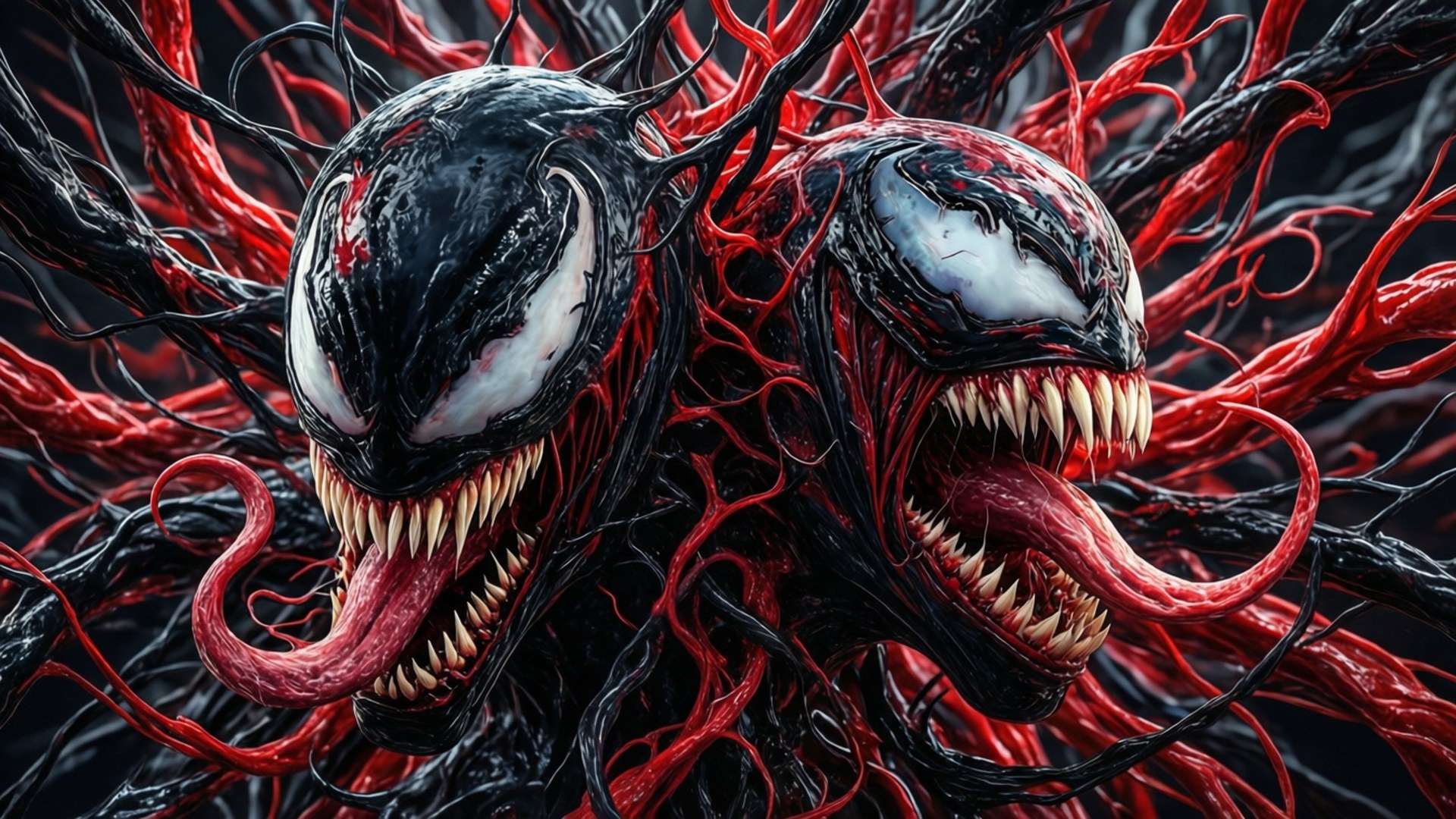 Symbiote Abstract Heads 壁紙 — 兩個兇猛的猛毒共生體張開血盆大口，露出尖牙，從糾纏的黑色和紅色觸手中衝出，背景黑暗。