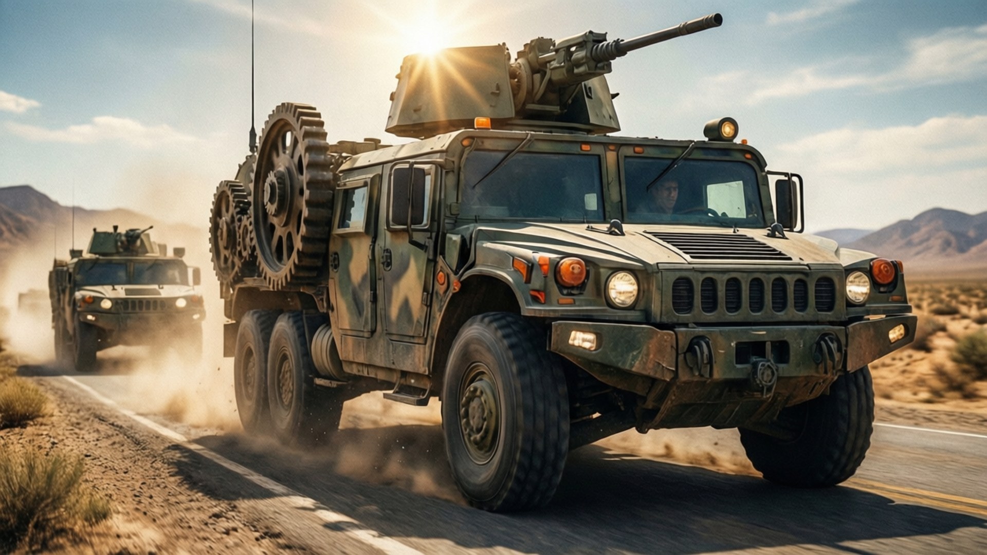 Convoy Rush 壁紙 — 兩輛軍用悍馬車裝載武器，在烈日下於沙漠高速公路奔馳，揚起塵土。