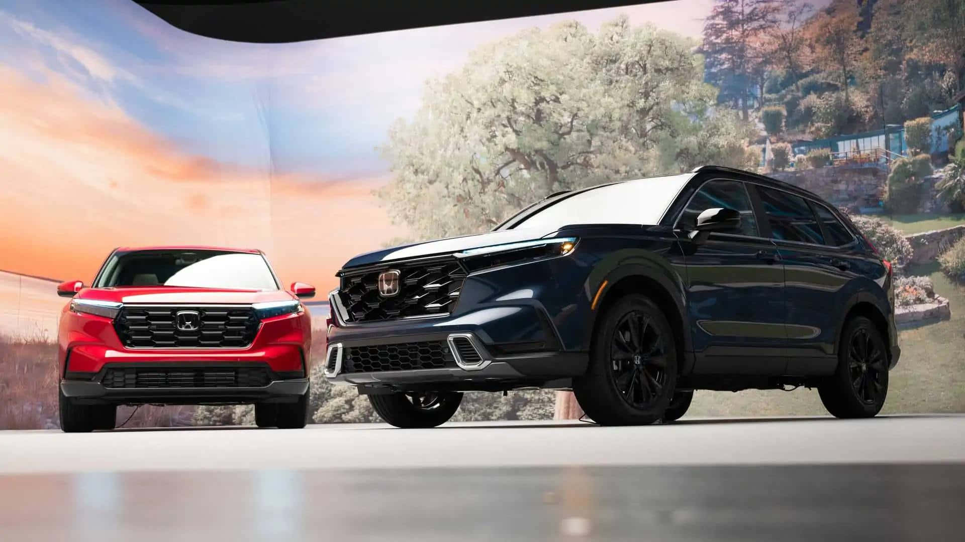 Honda Cr-v 桌布 壁紙 — 兩輛現代SUV紅色和黑色在風景如畫的日落背景下展示，背景有樹木和山丘。
