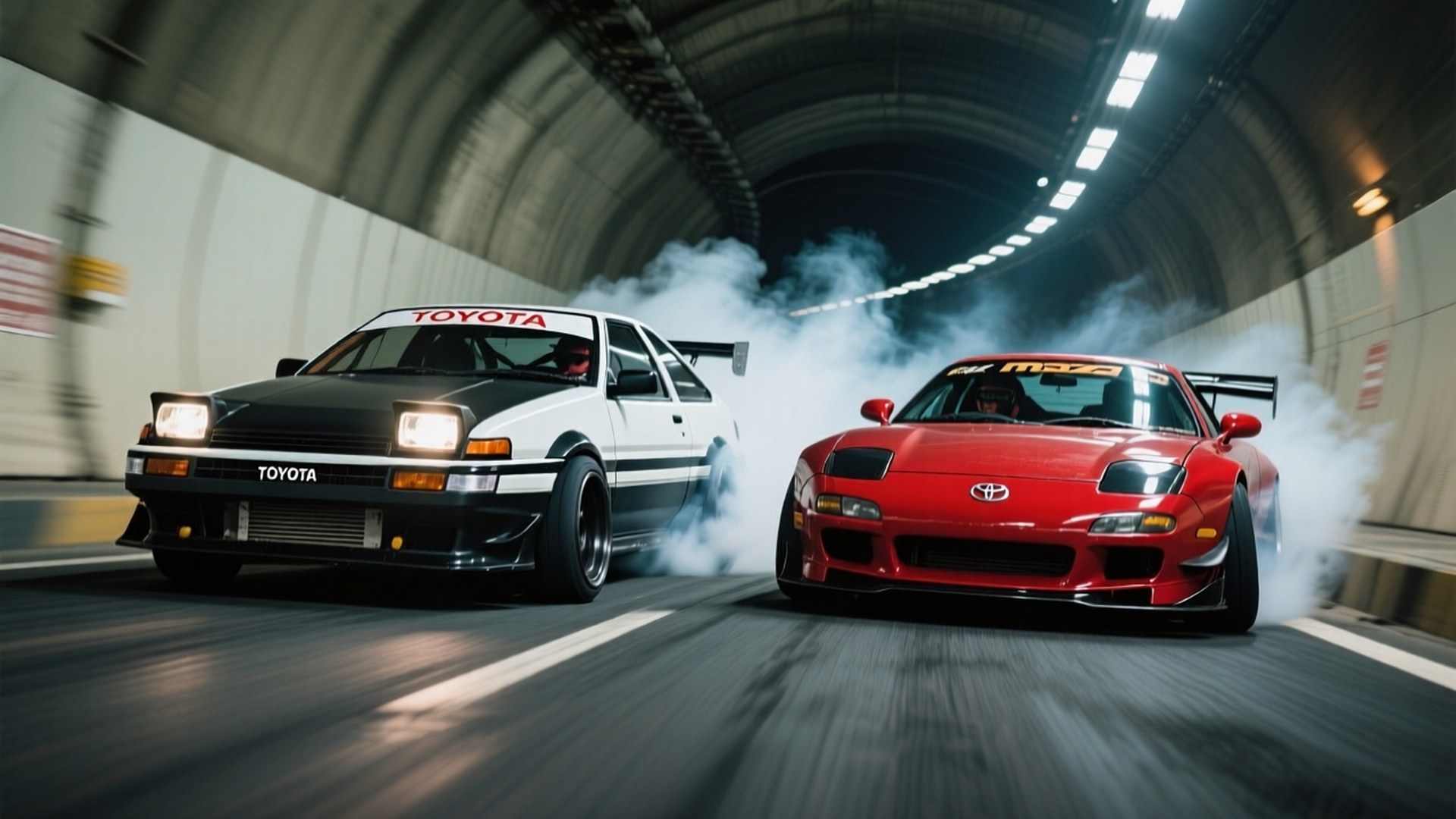 Tunnel Drift Battle 壁紙 — 兩輛改裝豐田跑車在隧道內並排甩尾，輪胎冒出濃煙。