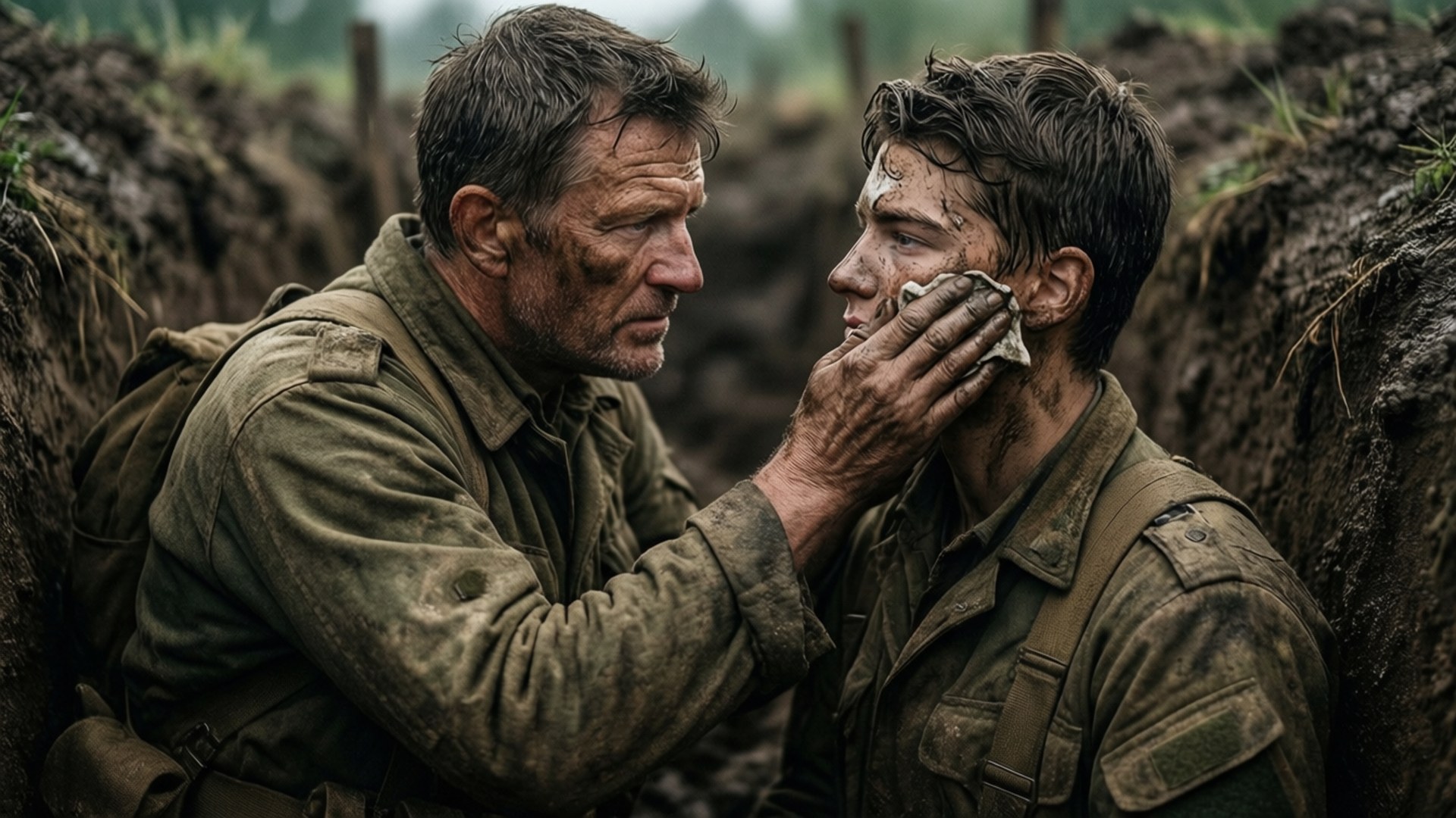 Army Brother 桌布 壁紙 — 兩名滿身泥濘的士兵在戰壕中，一人用布擦拭另一人的臉龐，四周是陰沉的土地和濕透的軍服。