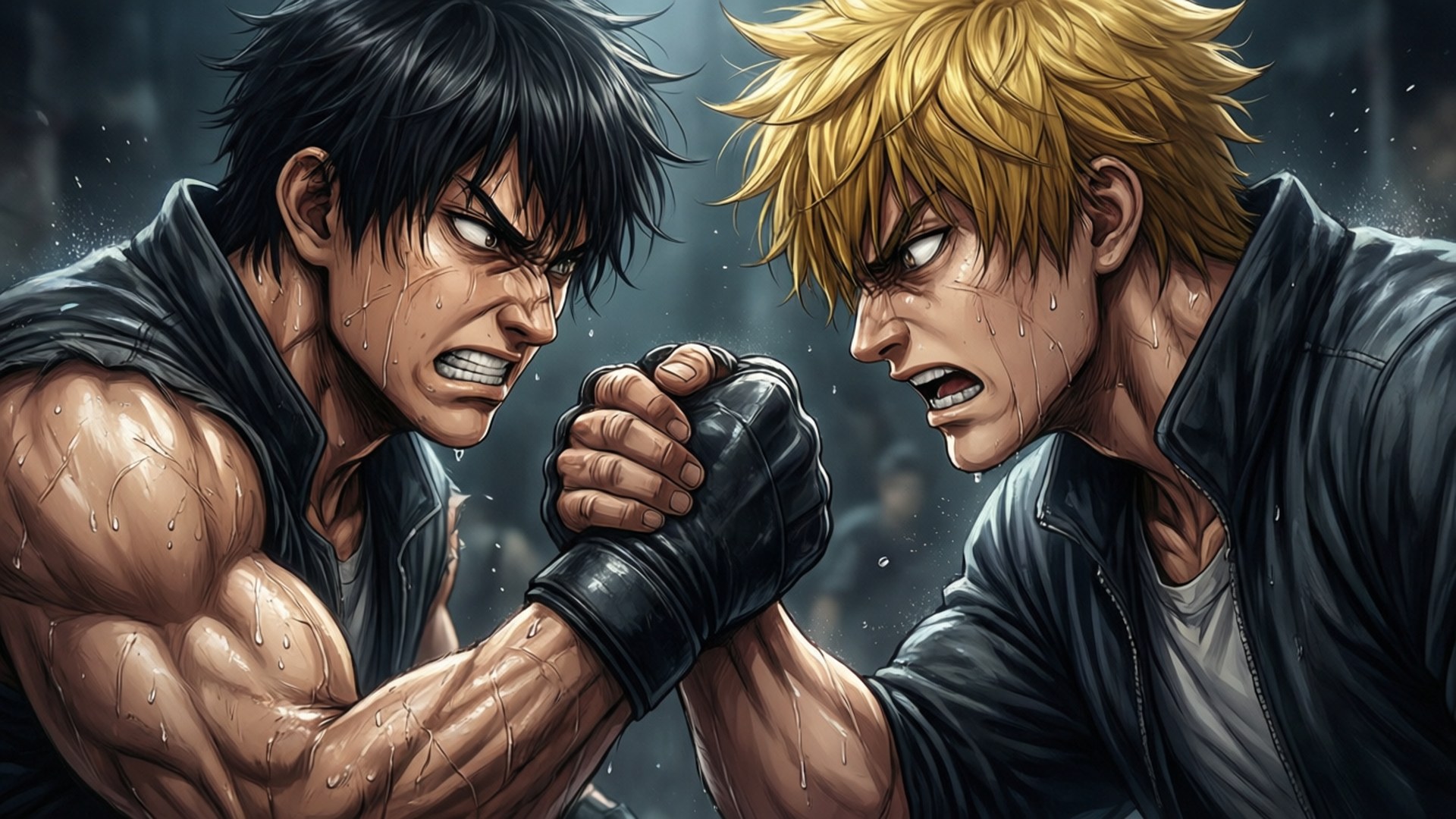 Arm Wrestling Rivals 壁紙 — 兩個肌肉發達的動漫戰士在雨淋濕的街燈下進行緊張的掰手腕比賽。