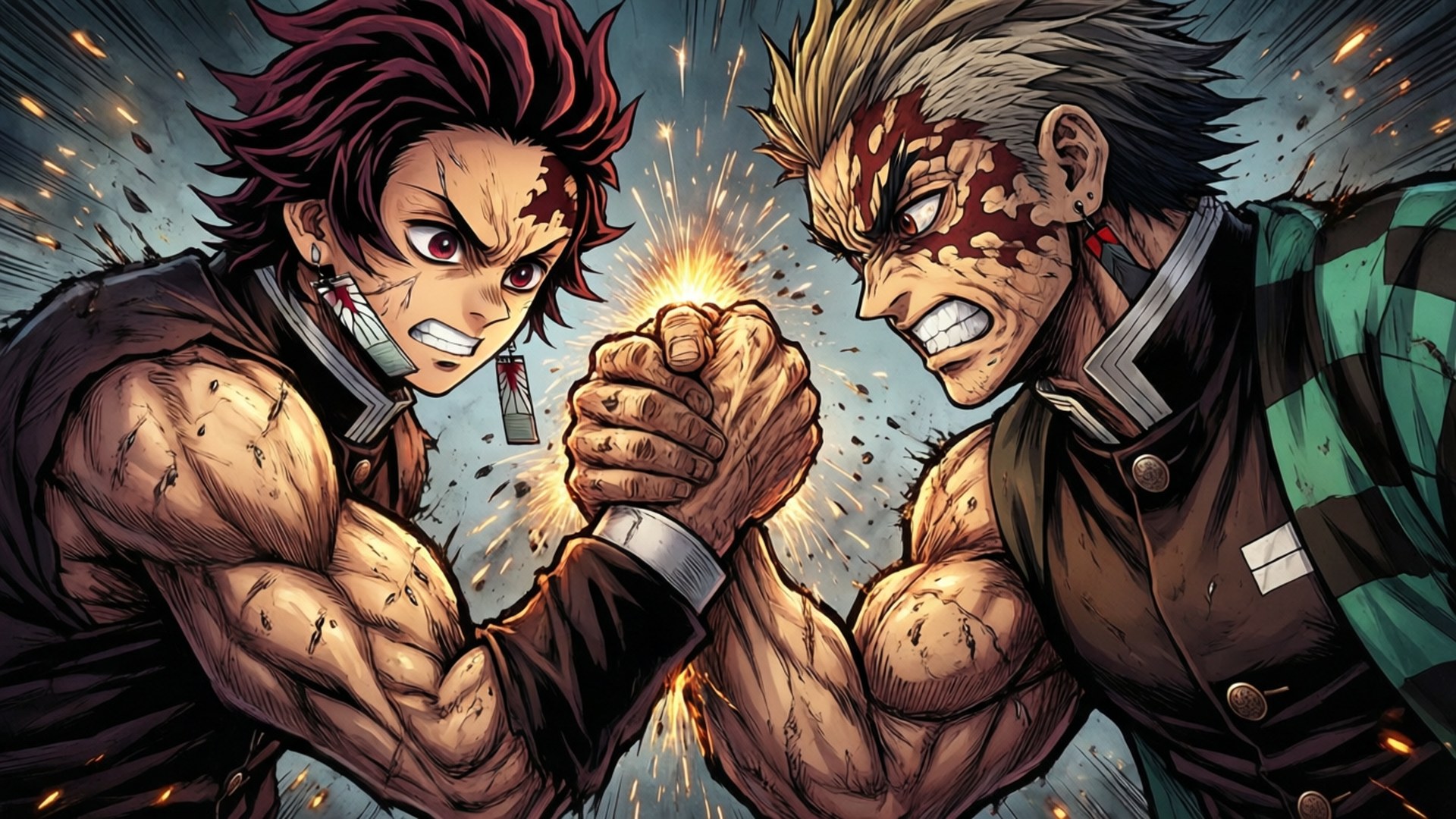 Kirishima vs Tetsutetsu 壁紙 — 兩名肌肉發達的動漫戰士在爆炸性的、 gritty 的近距離戰鬥中鎖住拳頭，火花四濺，臉上帶血。