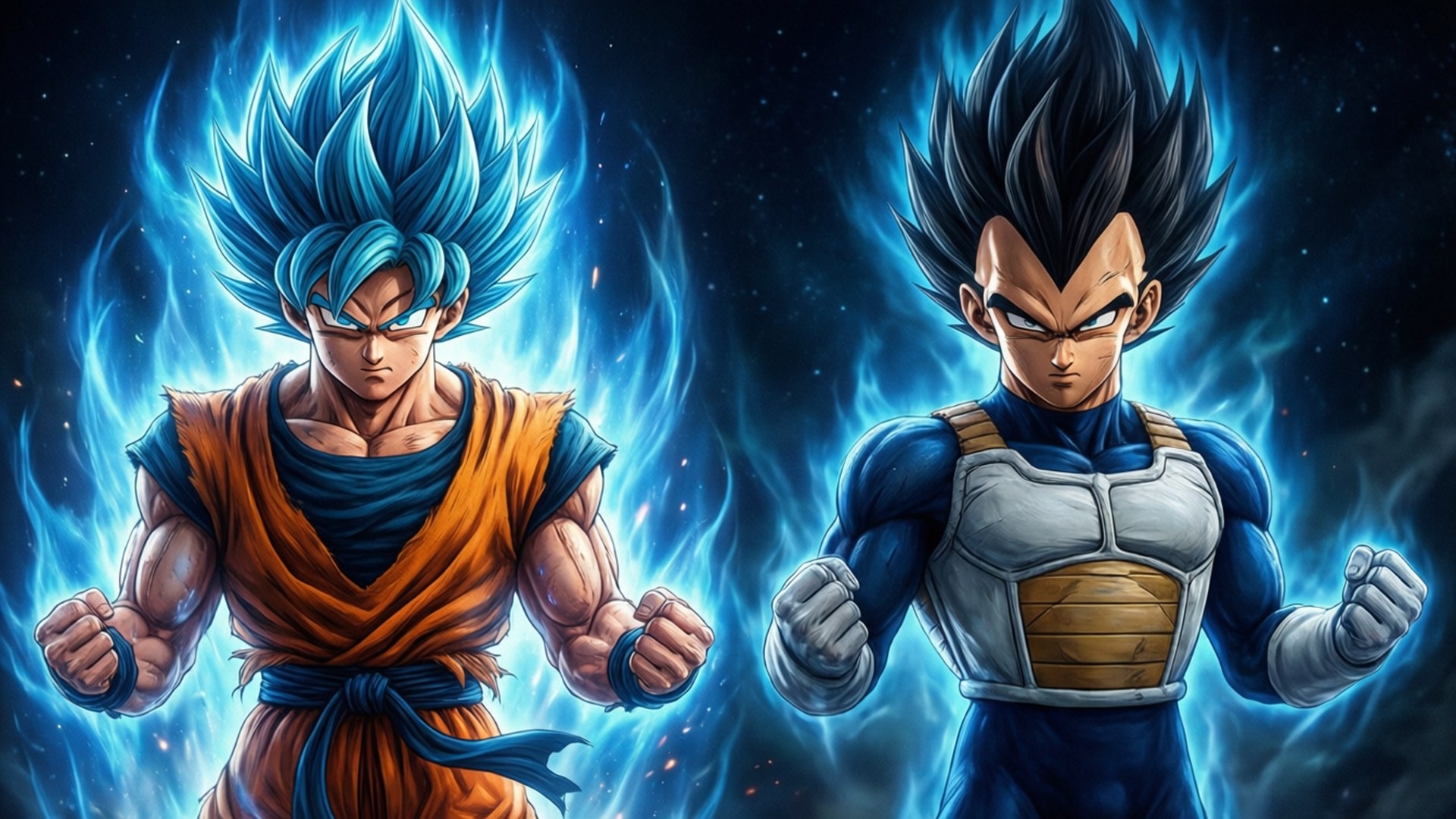 Gods of Destruction 壁紙 — 兩名肌肉發達、頭髮尖刺的動漫戰士，在星光宇宙背景下，被發光的藍色能量包圍，擺出戰鬥姿勢。