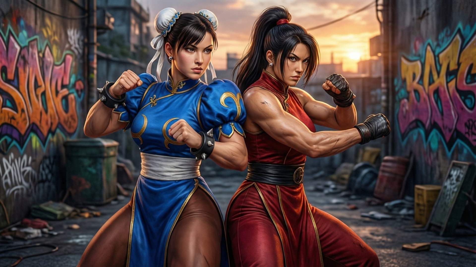 Chun-Li and Cammy Team Up 壁紙 — 兩名肌肉發達的女戰士身穿藍色和紅色武術制服，在日落時分的塗鴉小巷中準備就緒。