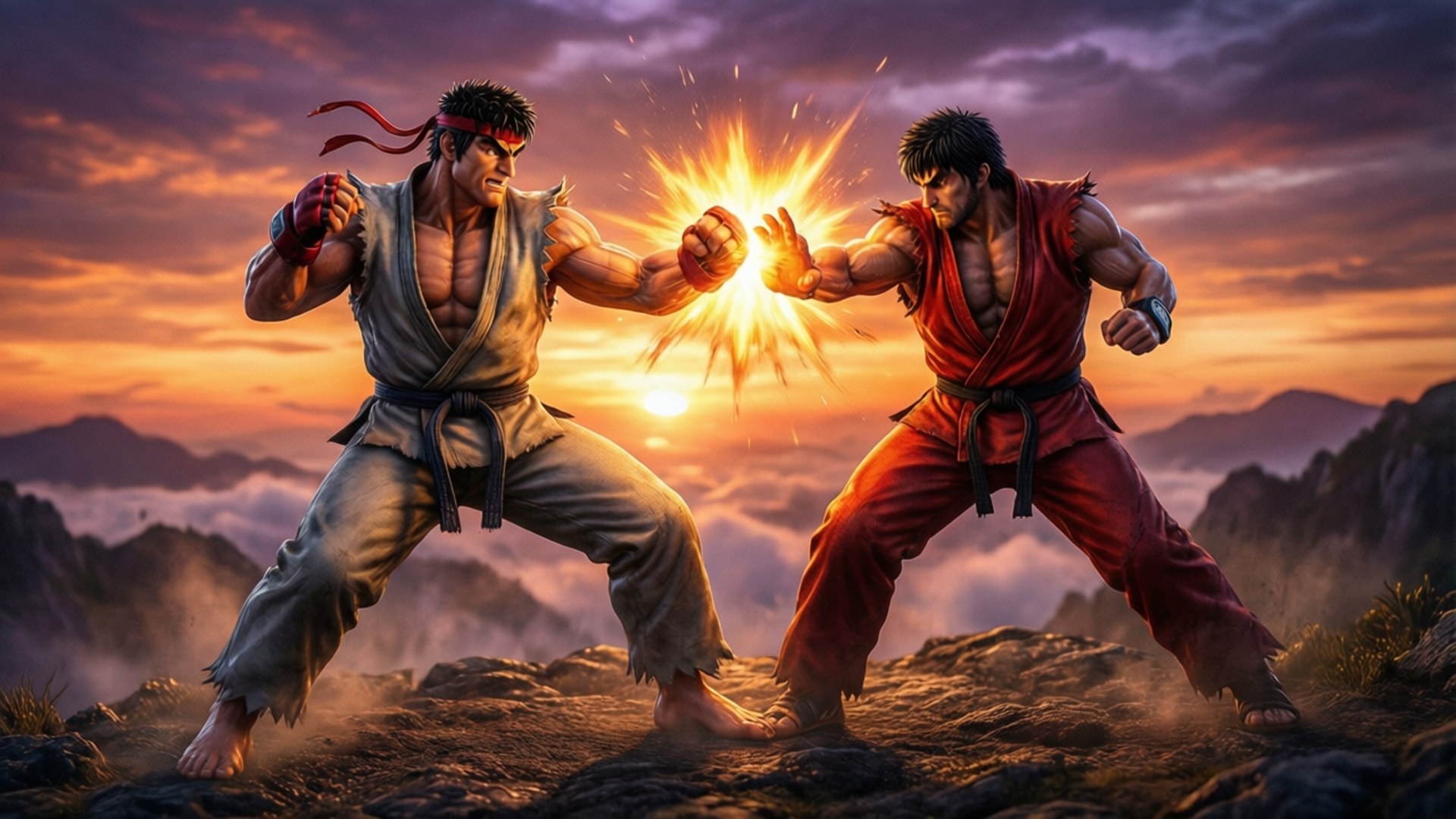 Ryu vs Ken Sunset Showdown 壁紙 — 兩名肌肉發達的戰士在日落時分於山頂對拳，在他們之間釋放出刺眼的能量爆炸。