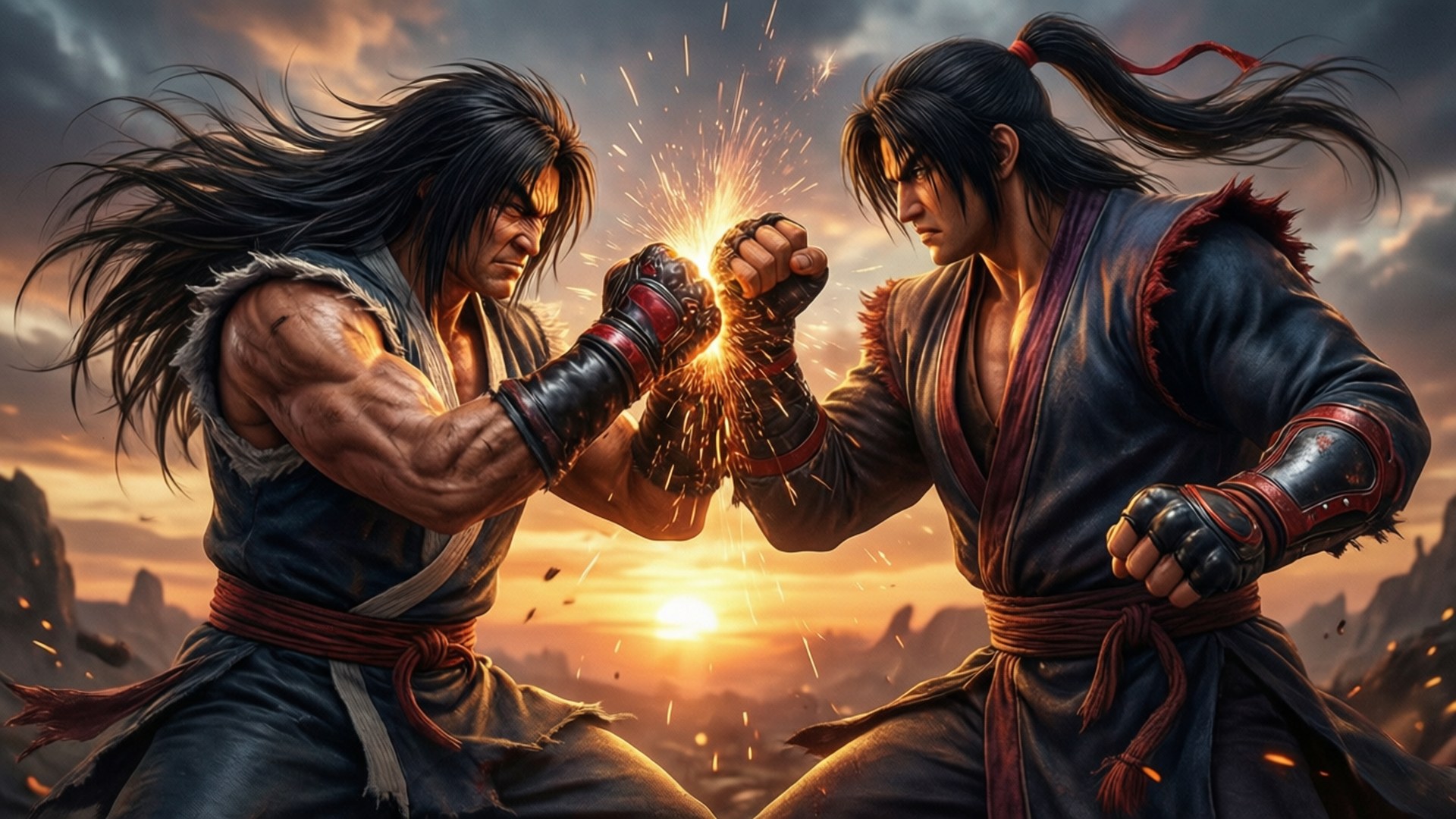 鐵拳 桌布 壁紙 — 兩名肌肉發達的戰士在岩石景觀背景下，於熾熱的日落決鬥中拳頭相撞。
