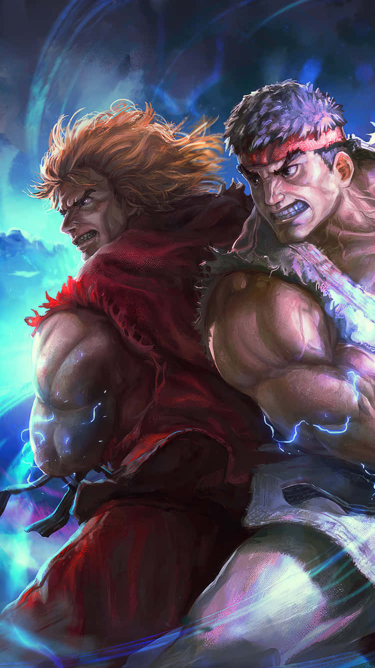  壁紙 — 兩名肌肉發達的戰士在充滿動感的動畫戰鬥場景中碰撞，帶有電光藍色能量和激烈的面部表情。