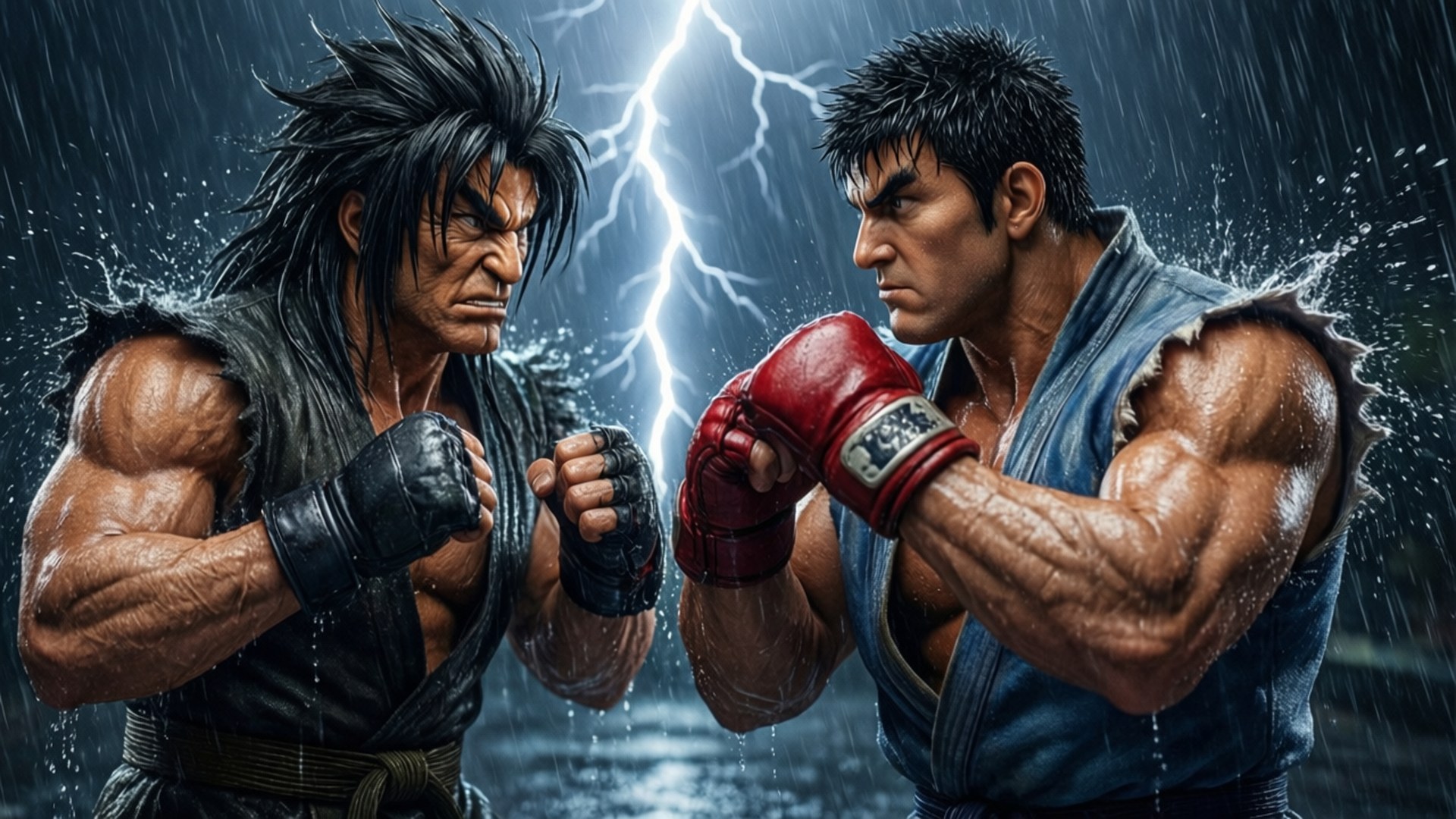 Ryu vs Akuma Storm Battle 壁紙 — 兩名肌肉發達的戰士在暴風雨中對峙，閃電在他們身後撕裂天空。